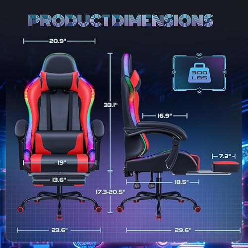 Miniatura 3 de Furmax Silla de juegos con luces LED RGB, silla de videojuegos con reposapiés y soporte lumbar de masaje, silla reclinable de respaldo alto con
