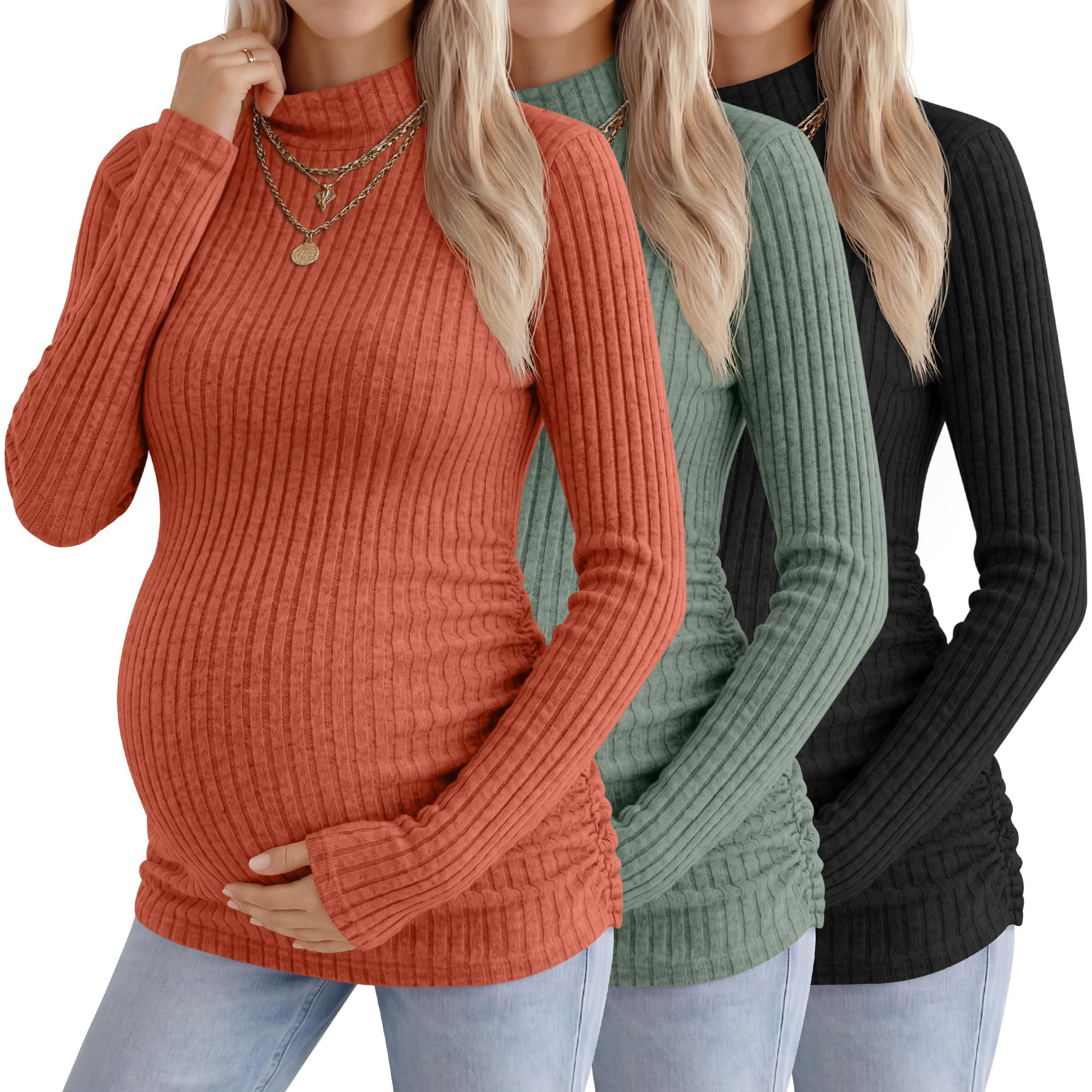 Neer Confezione da 3 top premaman da donna, maglioni a maniche lunghe per gravidanza, a collo alto, camicie a costine per la mamma