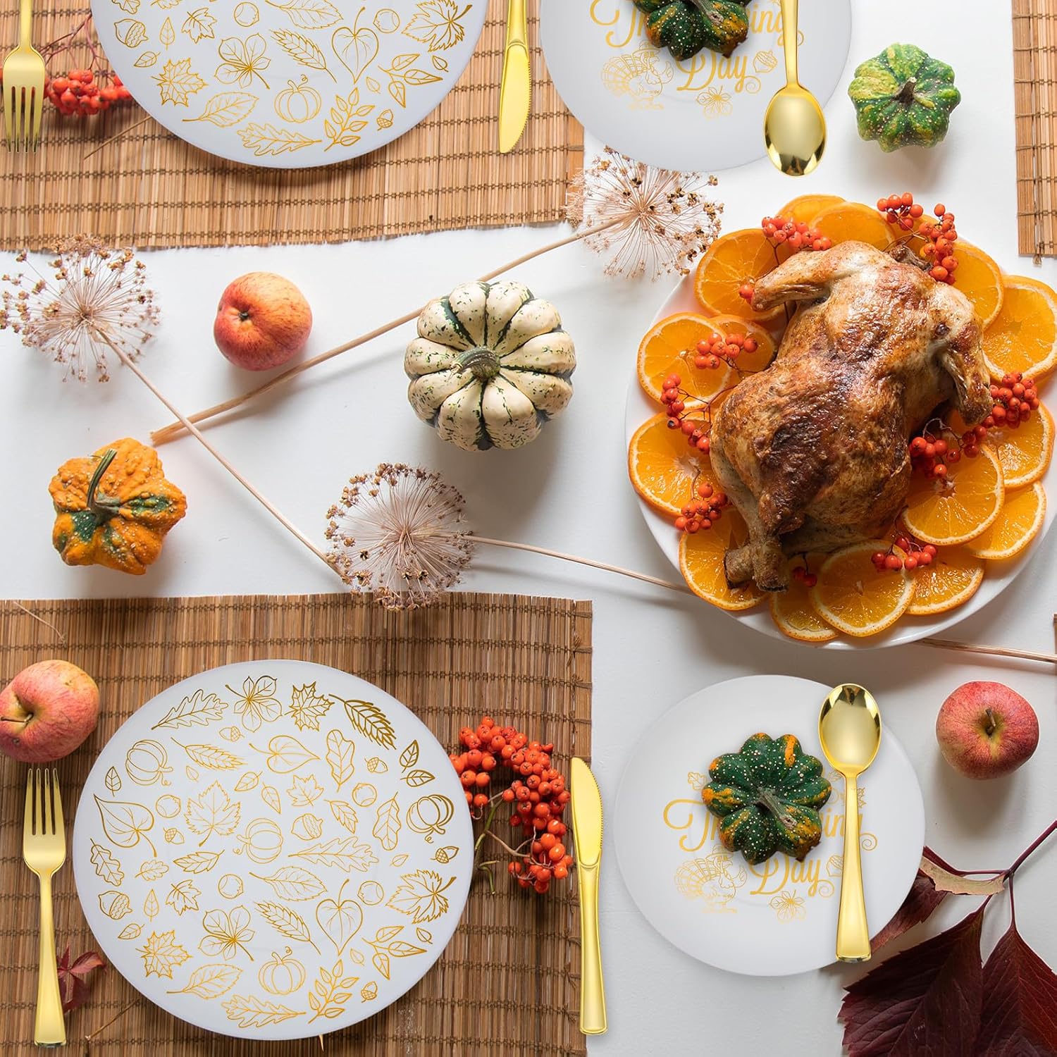 Pickmesh 210 Pcs Thanksgiving Plastic Dinnerware Set, Disposable Plates Includes 30 Dinner Plates 30 Cups 30 Dessert Plates 30 Paper Napkins 30 Forks Knives Spoons Supplies for Thanksgiving Day