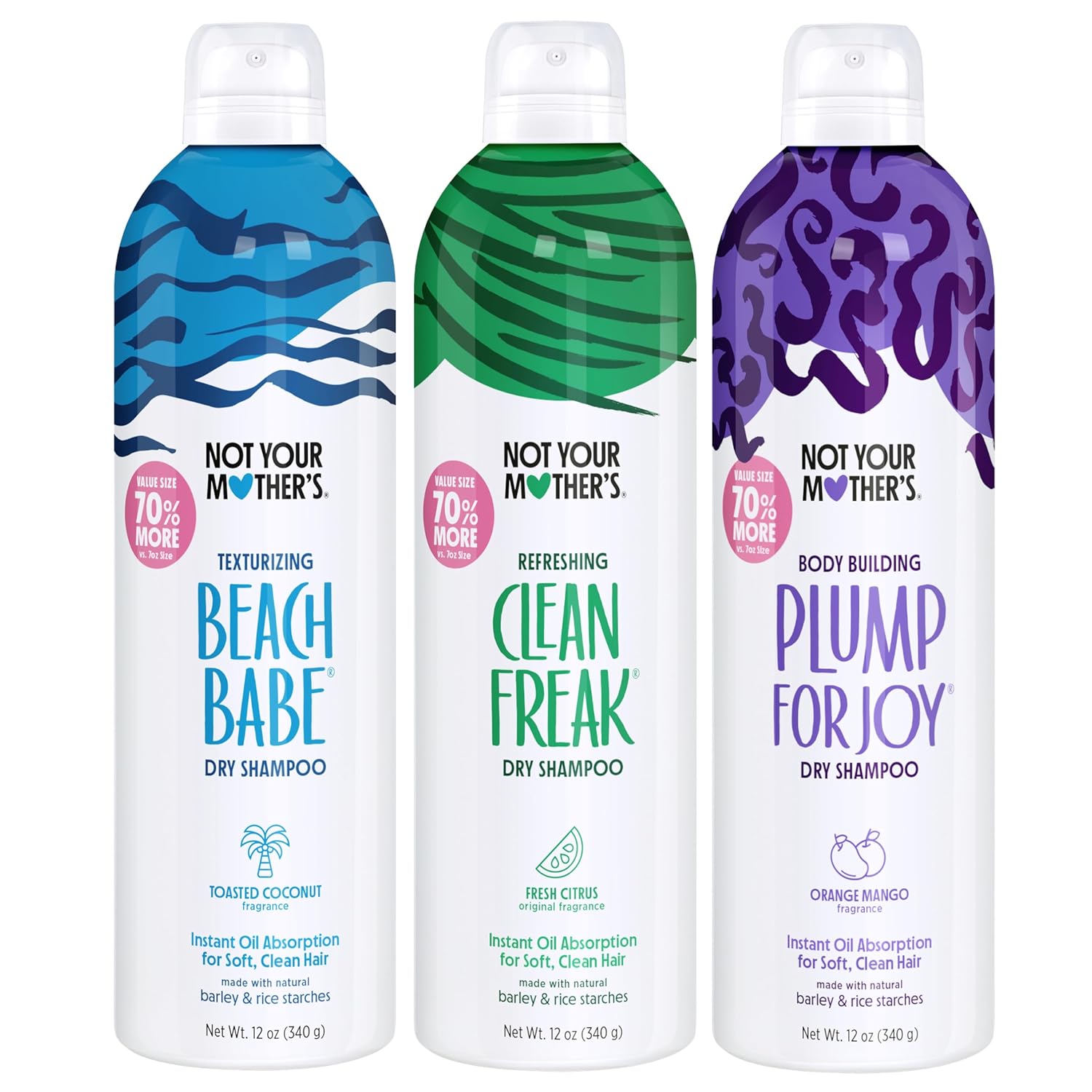 Not Your Mother's Dry Shampoo Trio - Clean Freak Original, Beach Babe, Plump for Joy - 3 Pack, 12 oz Each - 70% More to Instantly Absorb Oil and Refresh Hair Between Washes