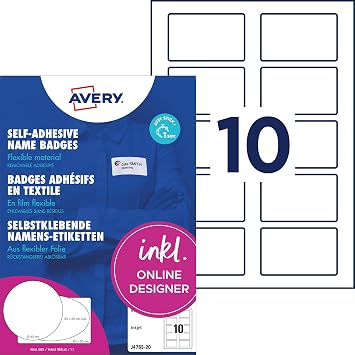 AVERY Zweckform J4785-20 Namensetiketten 200 Namensaufkleber 80x50mm auf A4 selbstklebend bedruckbare Textiletiketten f r Inkjetdrucker r ckstandsfrei abl sbar 20 Blatt wei