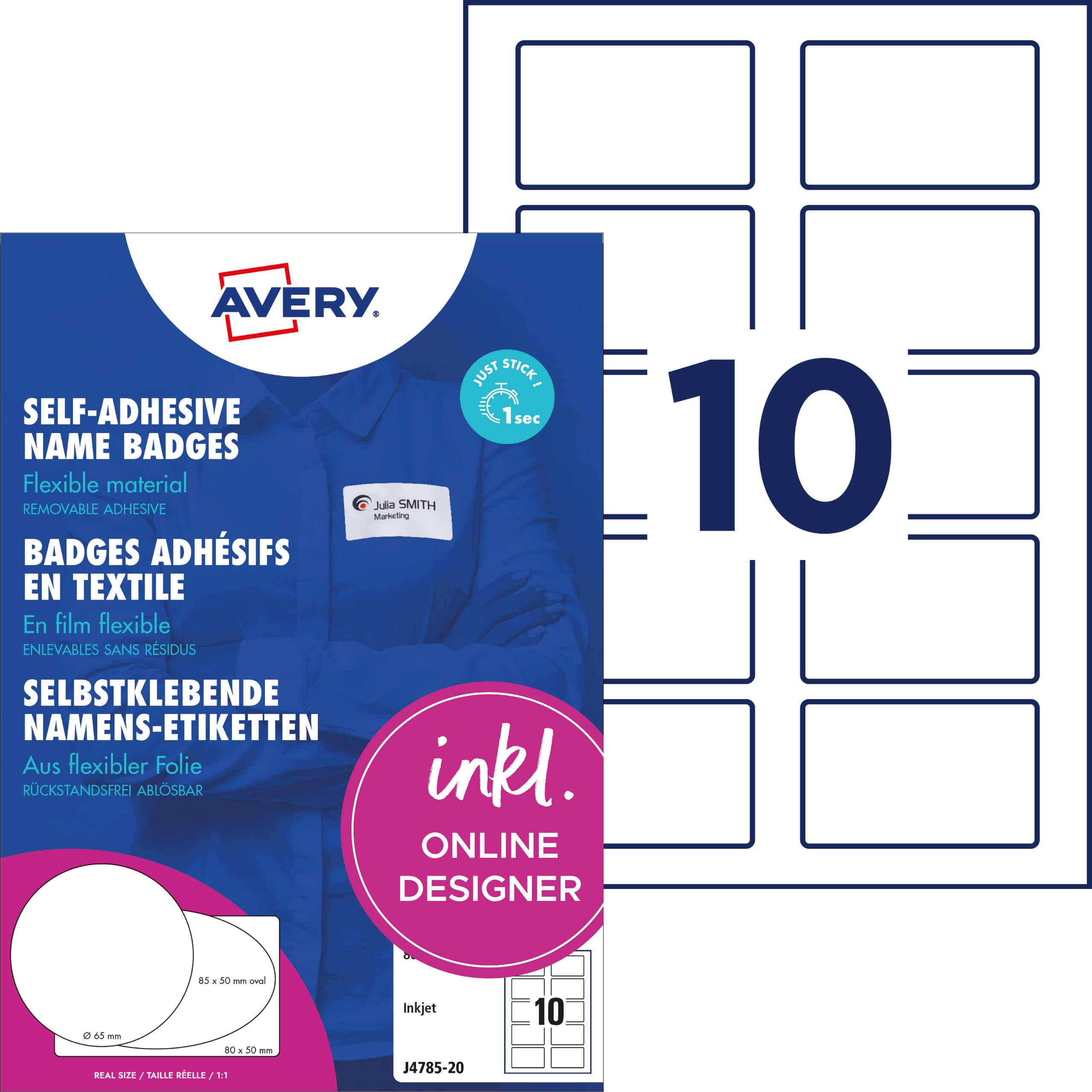 Namensetiketten J4785-20 von Avery Zweckform – 200 weiße Textiletiketten (80 × 50 mm) auf A4, 20 Blatt