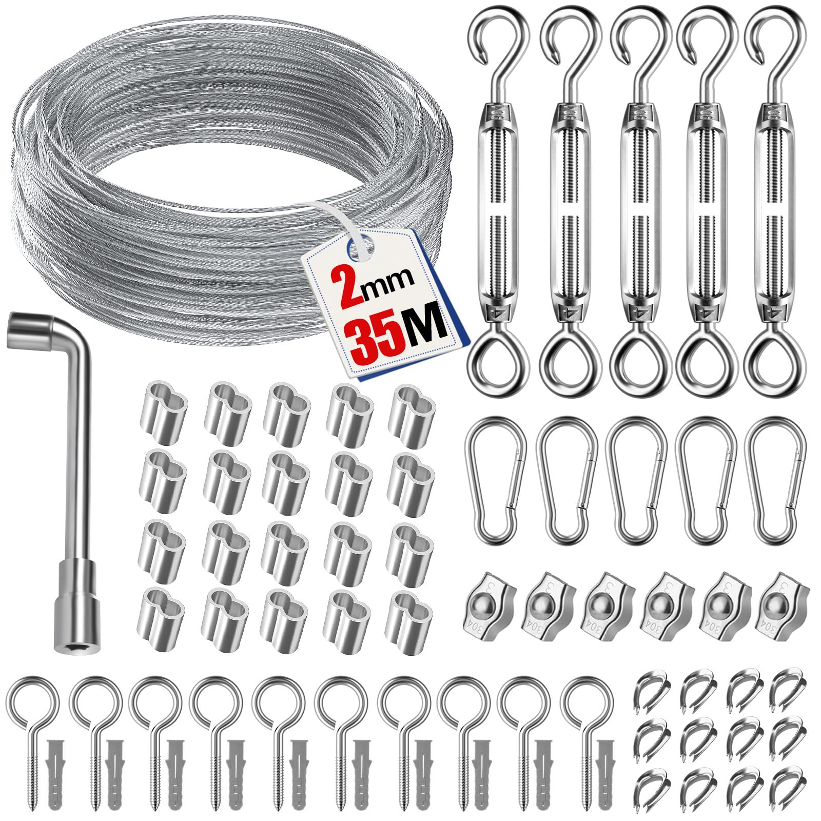 Verstärkt 35M 69pcs Drahtseil für Kletterpflanzen - Langlebiges ummanteltes Stahlseil, Drahtseilklemme,für Rankhilfe,Beleuchtung,Wäscheleine & DIY-Projekte
