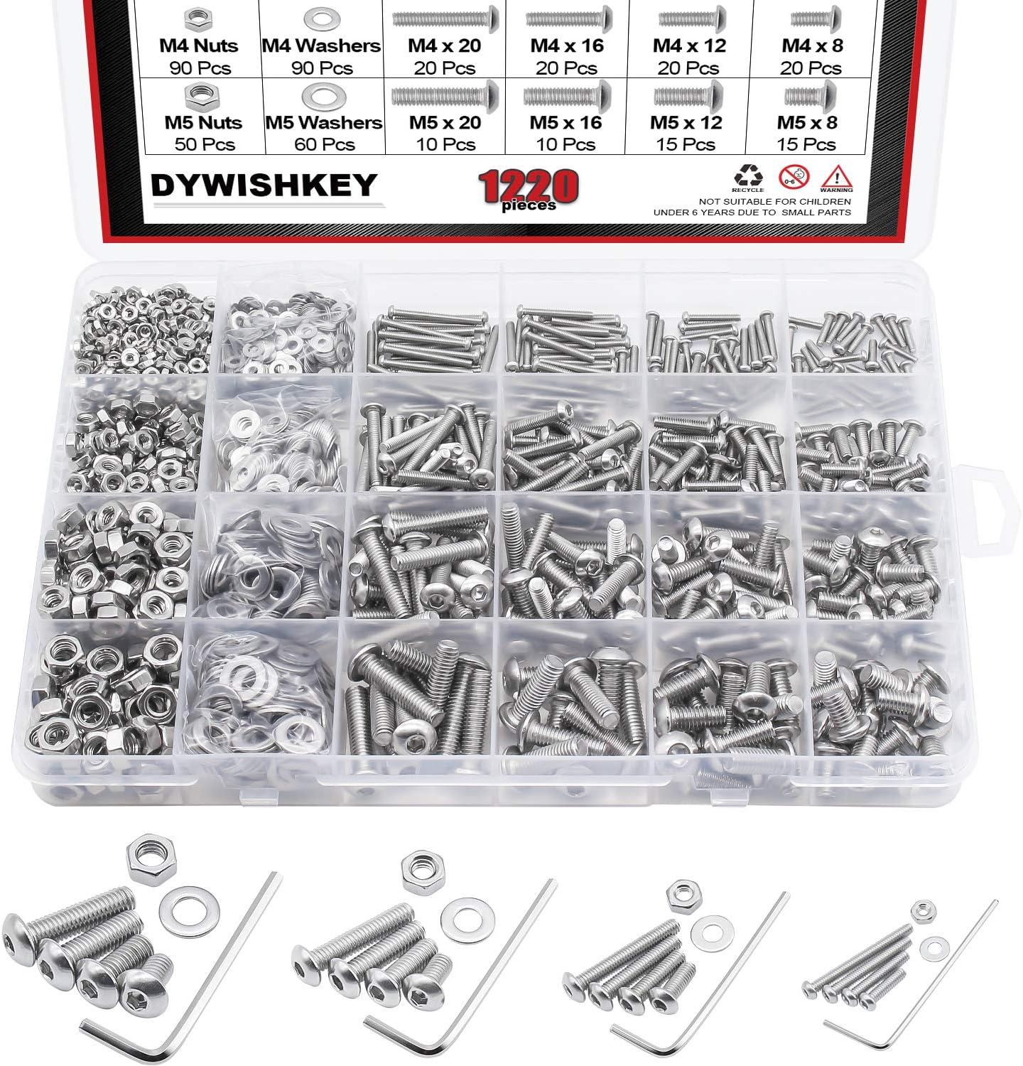 DYWISHKEY 1220 PCS M2 M3 M4 M5, 304 Stainless Steel Hex Button Head Cap Bolts Screws Nuts Washers Assortment Kit with Hex Wrenches