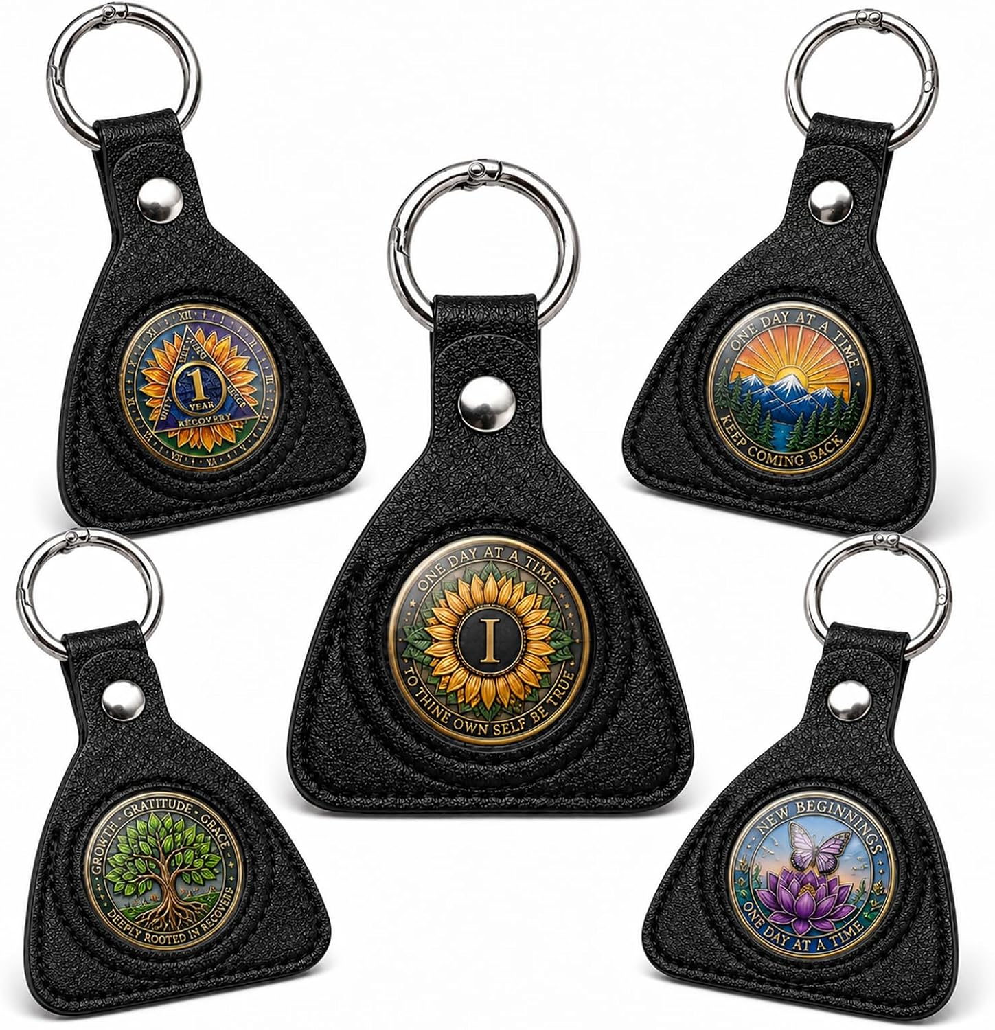 5 Pcs Triangle Leather Coin Holder Handmade Sobriety AA Coins Chip Keychain, Displays Both Sides of Sober Token Medallion NA Pet Challenge Coin Gifts, Black Waterproof Scratchproof Soft PVC Key Ring