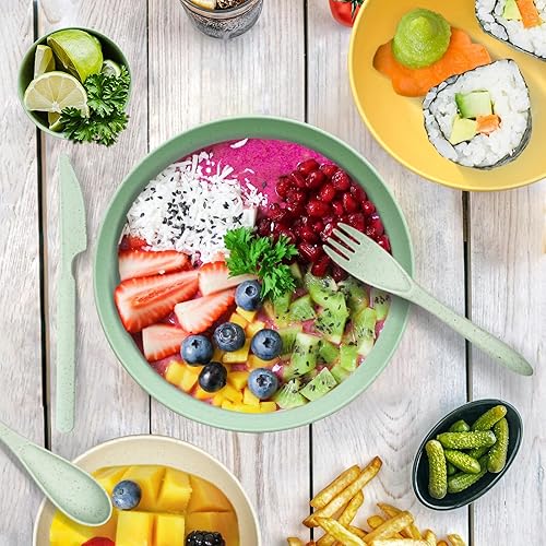 Miniatura 6 de Juego de 36 platos y cuencos de paja de trigo, juego de vajilla de paja de trigo para 6 personas con platos, vasos, cuchillos, tenedores y cucharas,