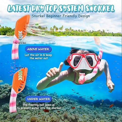 Miniatura 4 de Equipo de esnórquel para niños de 3 a 14 años, juego de aletas de máscara 4 en 1 con vista panorámica, máscara antivaho con parte superior seca,