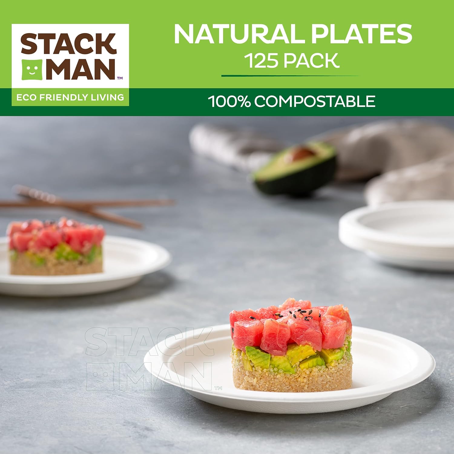 100% Compostable Disposable Paper Plates [125-Pack] - {PFAS-Free} - {BPI Certified} - [7 Inch] Heavy Duty, Eco-Friendly, Biodegradable Bagasse Dinner & Lunch Plates - Thick White 7" Plate by Stack Man : Health & Household