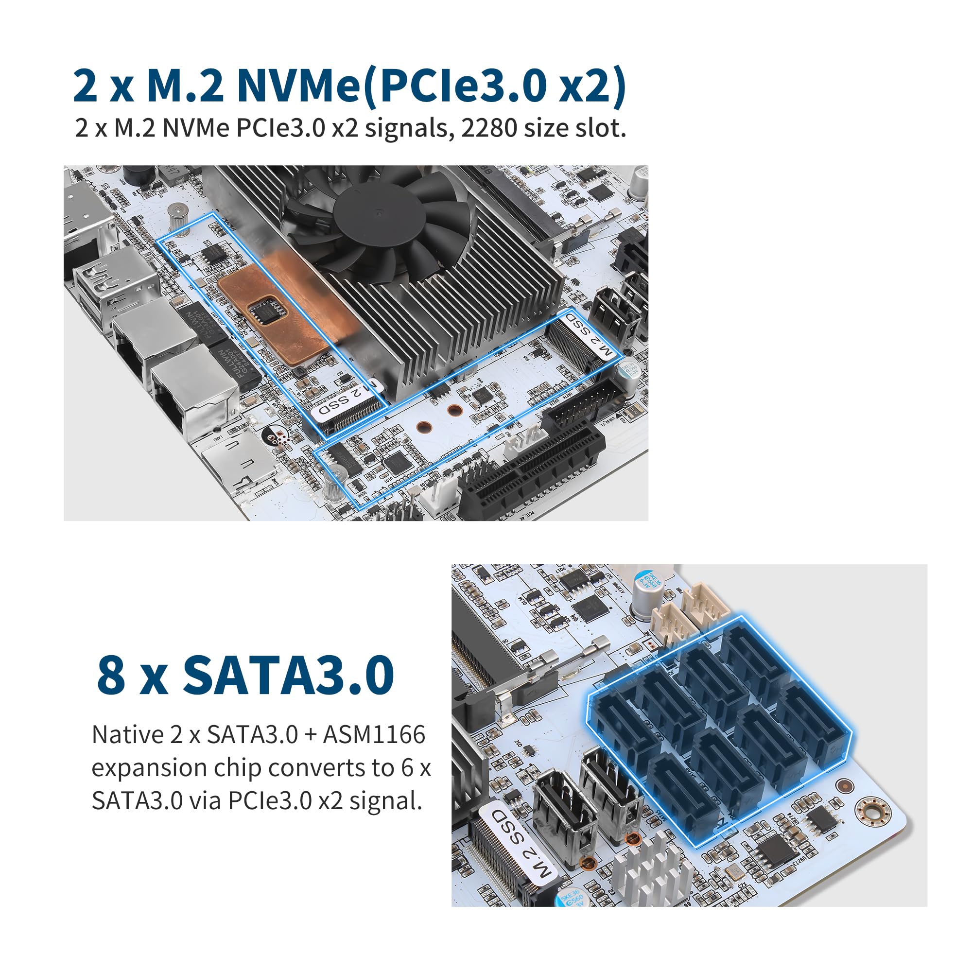 NAS Motherboard 8 Bay, Core i5 8265UES, 2 x i226-V 2.5GbE LAN, Mini ITX Mainboard, 8× SATA3.0, DDR4 PC motherboards, 2X M.2 NVMe(3.0 x2), TF, PCIE x4 (with I/O Shield)