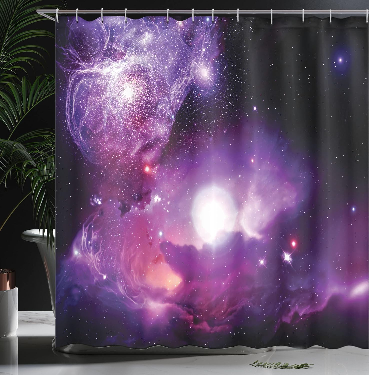 Ambesonne Outer Space Shower Curtain, Fantasy Universe of Nebula Scenes and Planet Movements in The Star Clusters Galaxy Astro, Cloth Fabric Bathroom Decor Set with Hooks, 69" W x 70" L, Black Purple