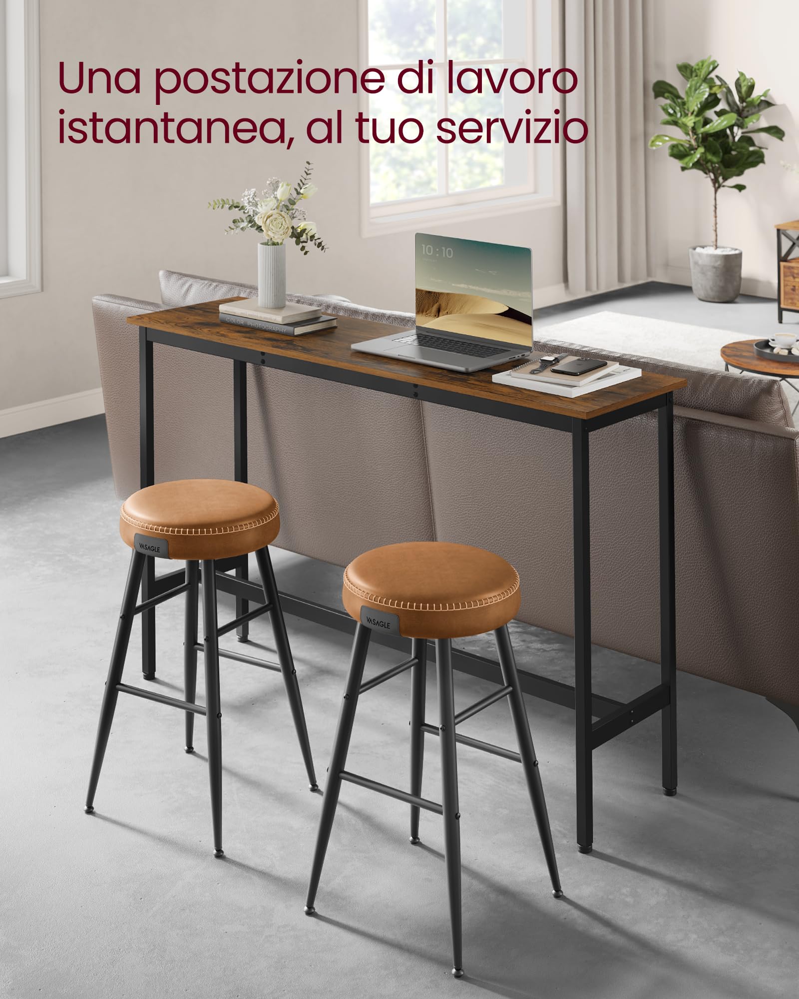 VASAGLE Tavolo da Bar Rettangolare Stretto, Tavolo da Cucina, Tavolo da Pranzo, Telaio in Metallo, 40 x 140 x 90 cm, Facile da Montare, Design Industriale, Marrone Vintage e Nero Inchiostro LBT140B01
