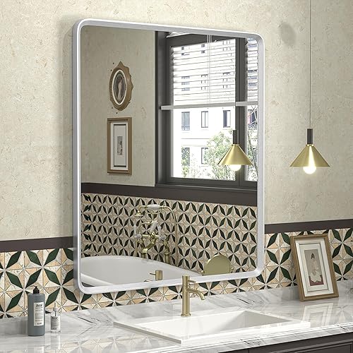Espejo de baño plateado de 30 x 36 pulgadas, marco de metal plateado cepillado, espejo rectangular redondeado para tocador de baño, inastillable, disponible en Yaxa Venezuela