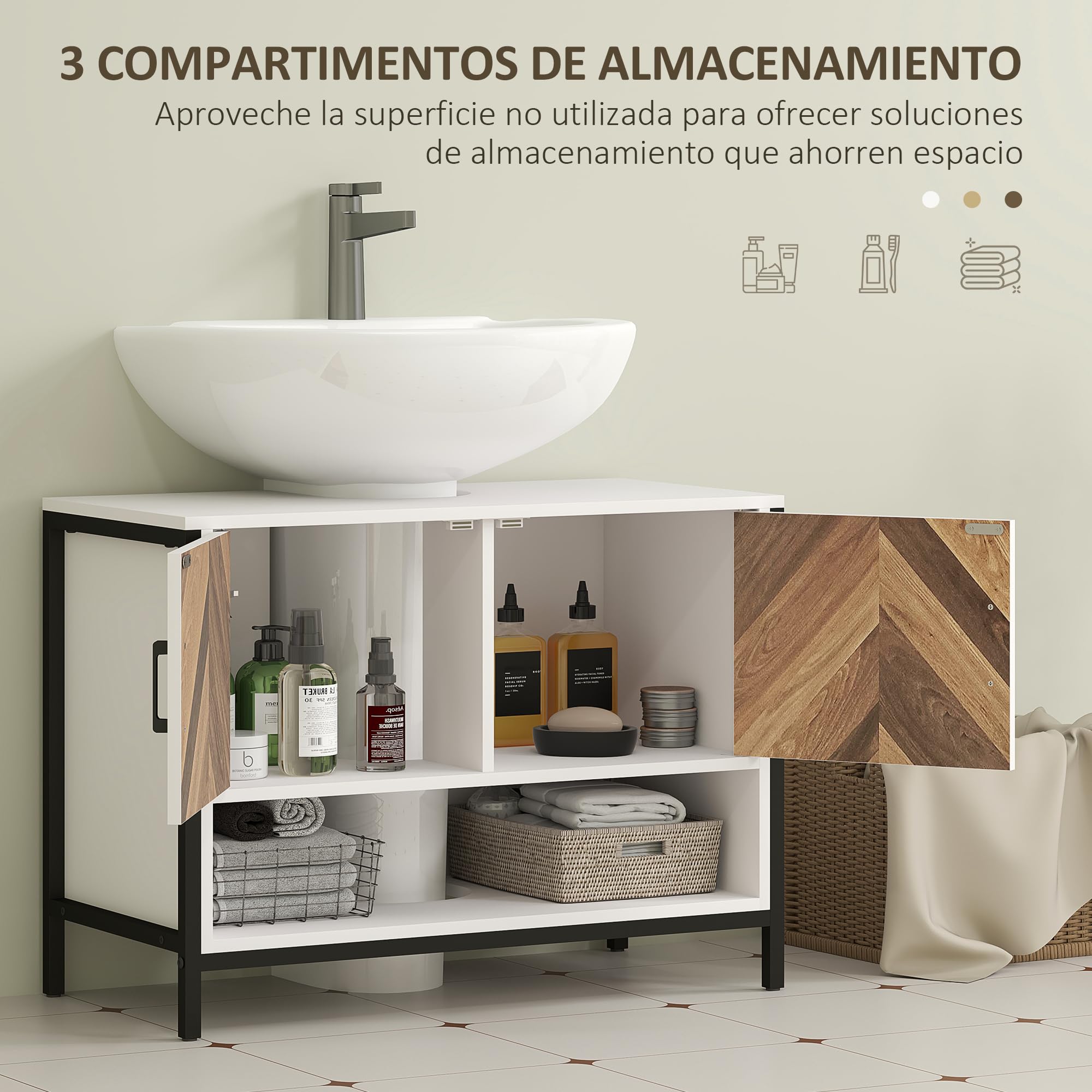 HOMCOM Mueble Bajo Lavabo de Baño con 2 Puertas 80x40x60 cm Crema y Nogal | Mueble de Baño, Patrón en Espiga, Compartimento Abierto, para Lavabo con Pedestal o con Pie