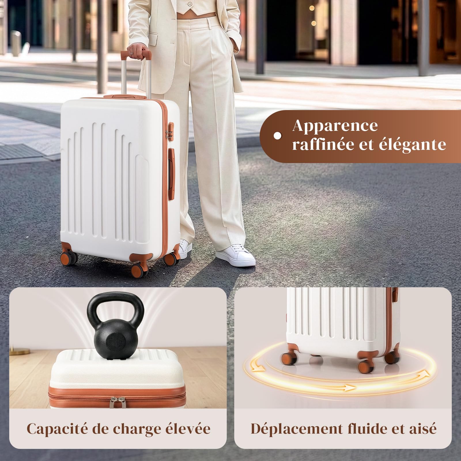 LALAHO Valise de Voyage Moyenne en ABS, Bagage Suitcase Rigide (Beige-Brun, L/65cm)