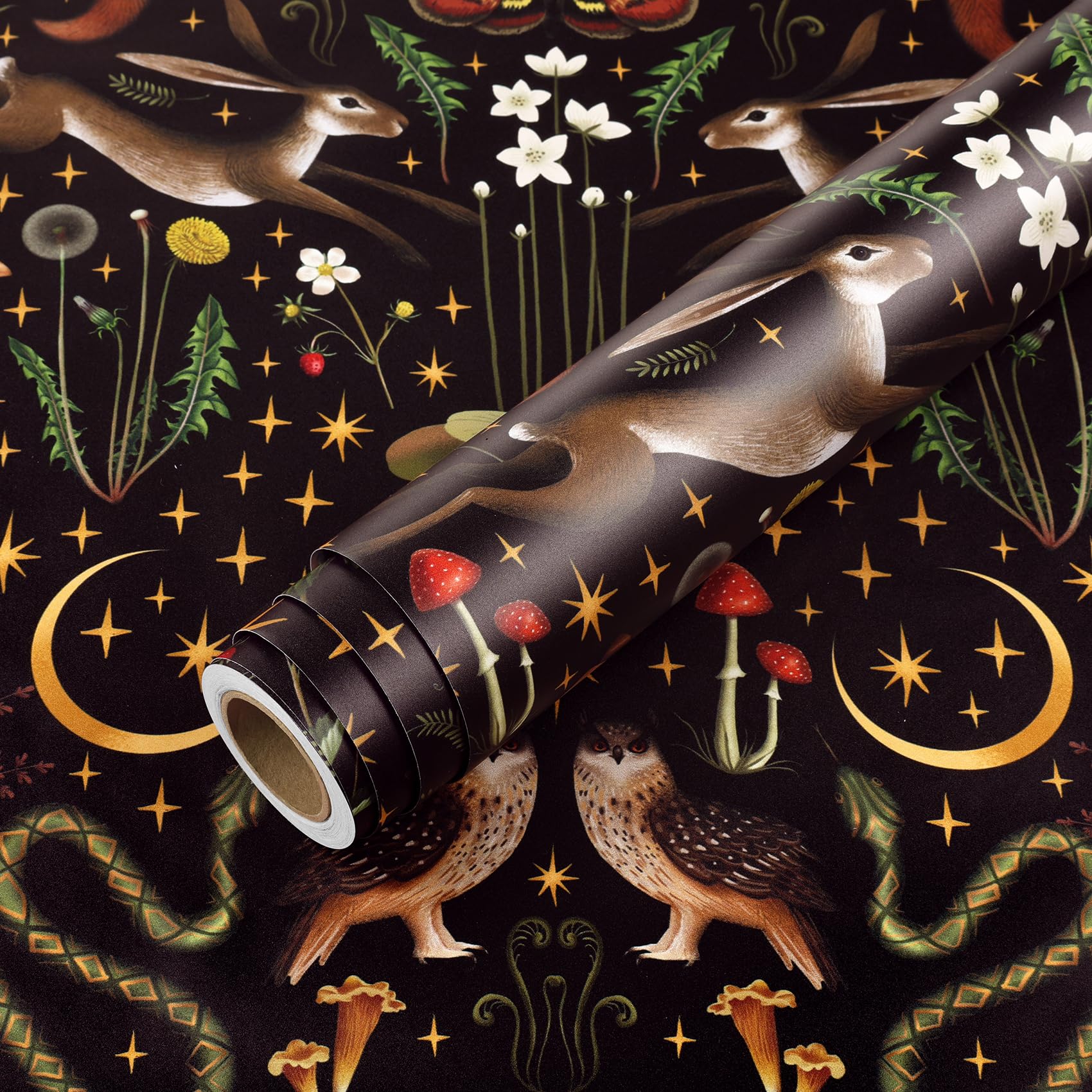 Livelynine Magical Fairy Forest Black Wallpaper for Bedroom Living Room Feature Wall 44.5CMx7M Dark Animals Wallpaper Self Adhesive Owl Squirrel Hare Snake Patterned Sticky Back Plastic for Cabinets