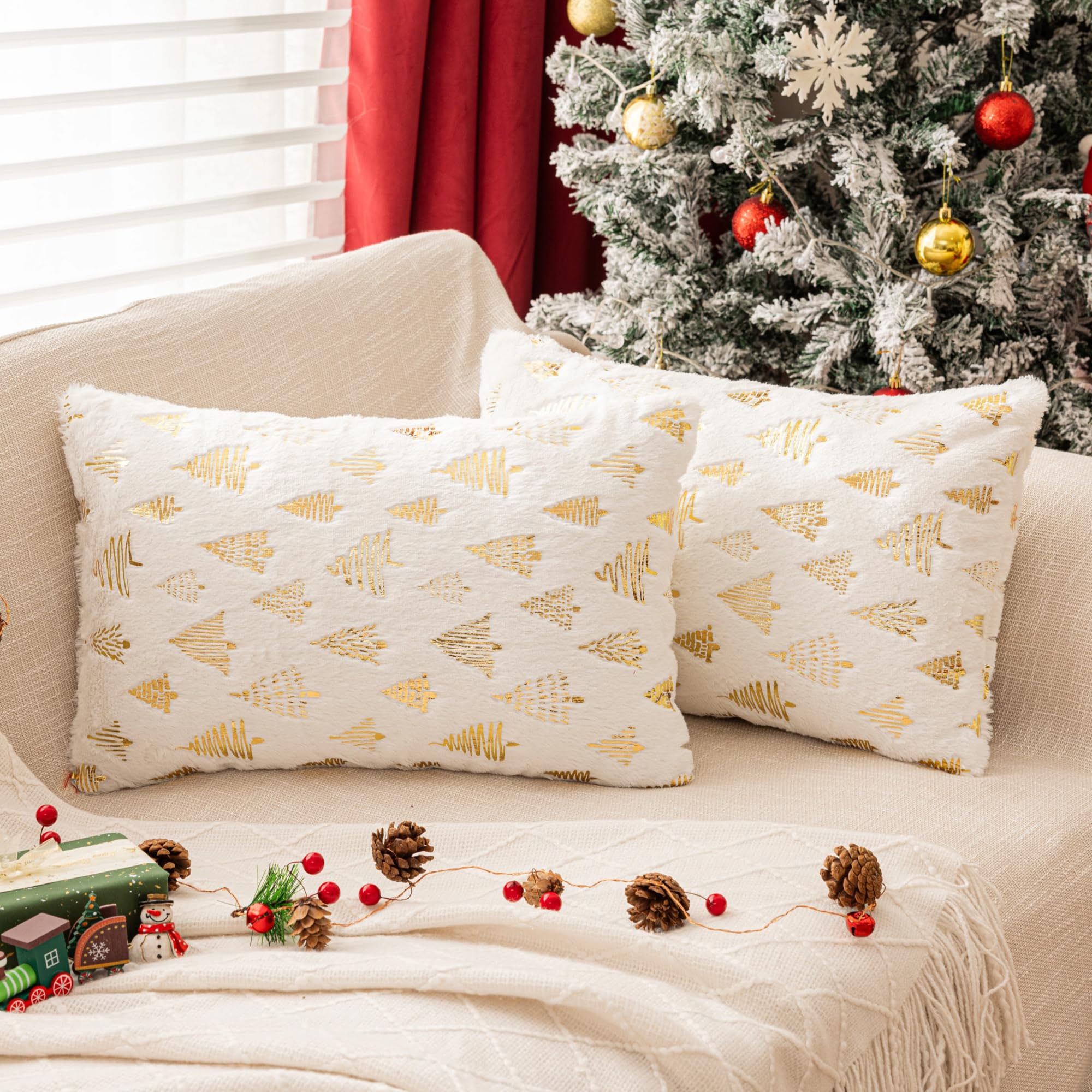 AQOTHES Christmas Tree White Throw Pillow Covers 12x20inch, Set of 2 Winter Holiday Decorative Faux Fur Fuzzy Pillows Covers with Glitter Printed for Christmas Decor Sofa Couch Home