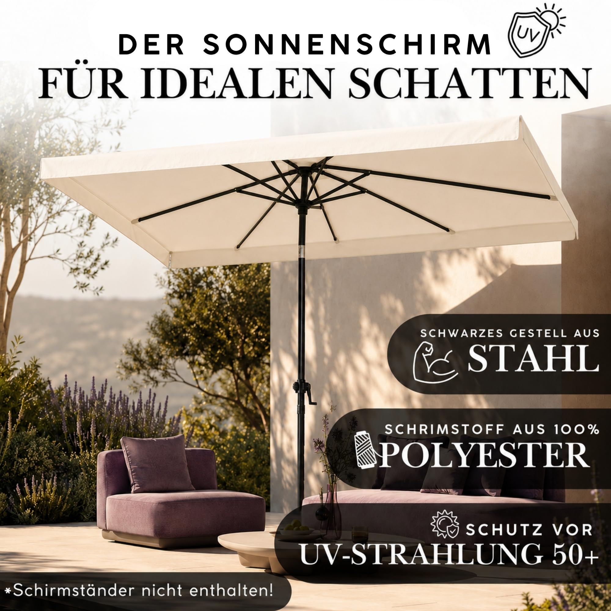 Ondis24 Marktschirm 3x2 Meter Sonnenschirm rechteckig mit Volant, Knick-Gelenk, Kurbel, Gestell aus Stahl, UV 50 (Beige)