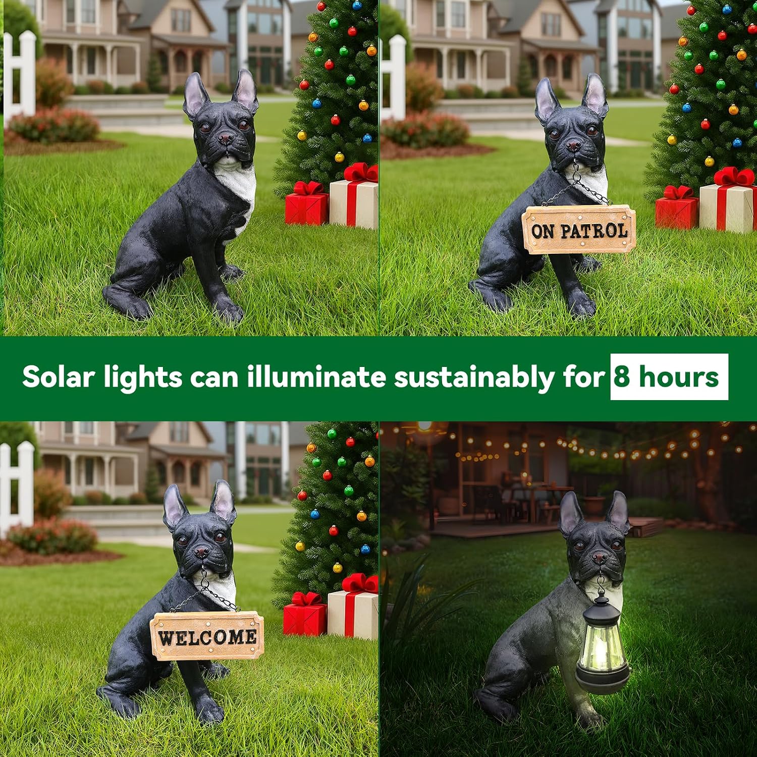 Black French Bulldog Garden Statue with Solar Lantern & Double-Sided Sign, 13.8" Resin Frenchie Dog Figurine Outdoor Decor, Waterproof Lawn Ornament Welcome Yard Art for Patio, Porch, Gifts