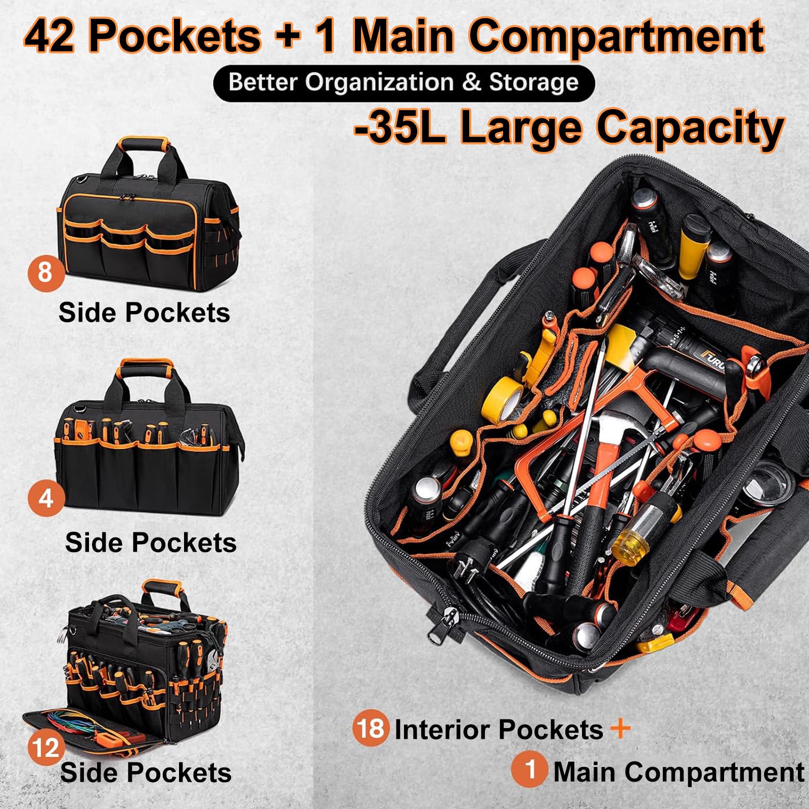 Sac à Outils 17 Pouces, 42 Poches Sacoche Outils Vide, avec Bandoulière Réglable et Base Étanche, pour Bricolage et Rangement, pour Papa Homme Mécanicien électricien(Sac Uniquement)