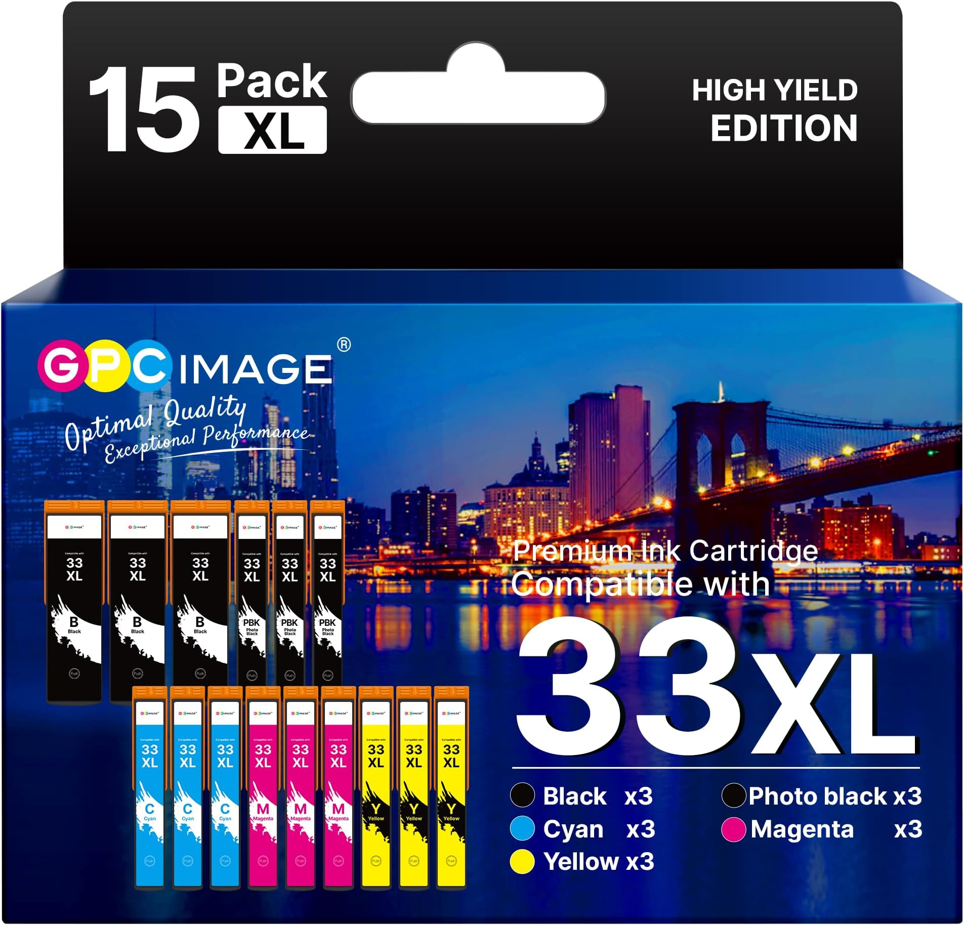 GPC Image 15-Pack 33XL Ink Cartridges Compatible for Epson 33XL Ink Cartridges for Epson Expression Premium XP-7100 XP-645 XP-530 XP-540 XP-900 XP-640 XP-630 XP-635 XP-830 (3 BK/3 PBK/3 C/3 M/3 Y)