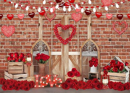 Miniatura 9 de LYWYGG Telones de fondo de fotografía de San Valentín de 7x5 pies, pared de ladrillo, puerta de madera y rosa roja, flores de corazón, fondo de