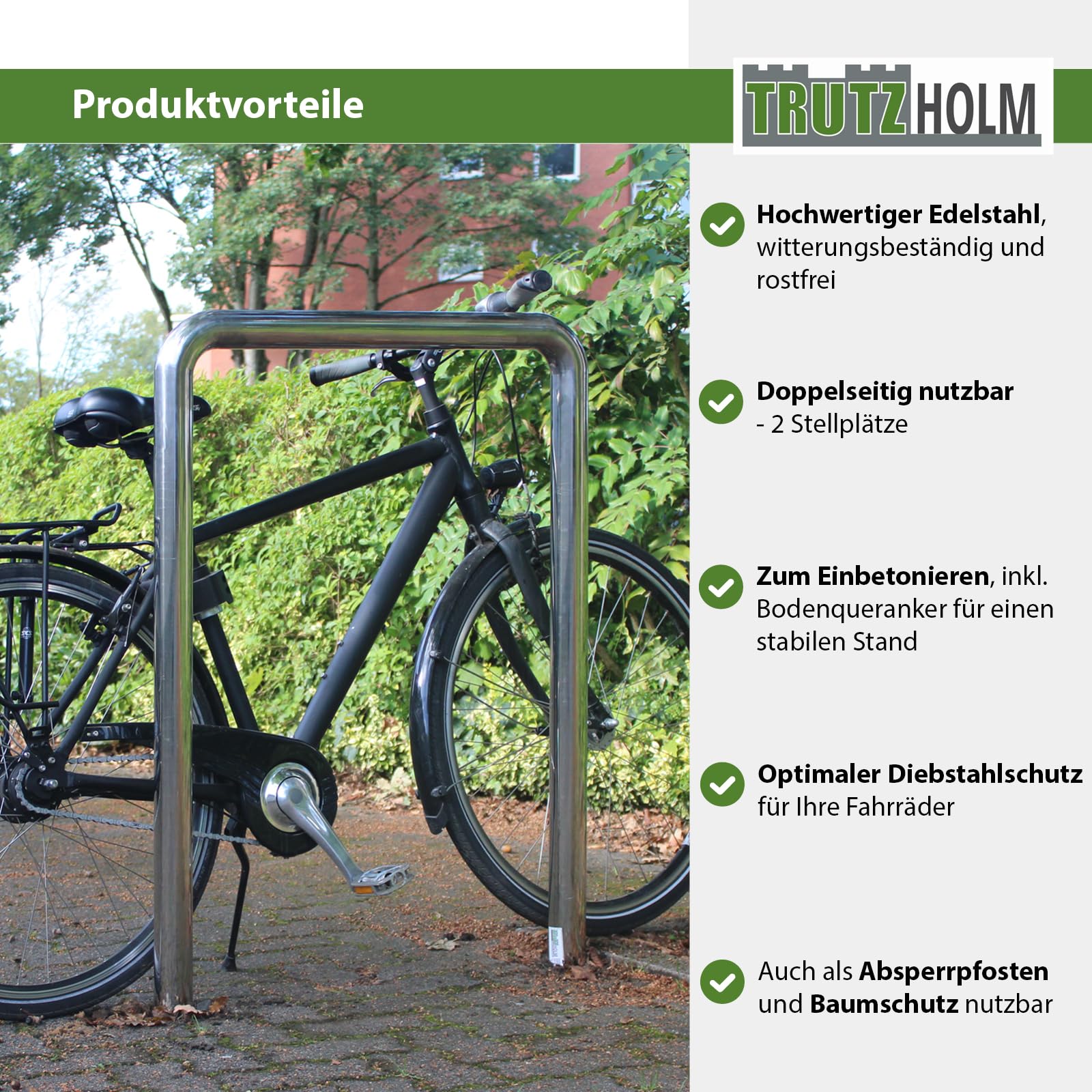 TRUTZHOLM Fahrradanlehnbügel 118x78cm aus Edelstahl zum Einbetonieren Fahrradständer Anlehnbügel Parker inkl. Bodenqueranker für einen stabilen Stand Diebstahlschutz für Fahrräder
