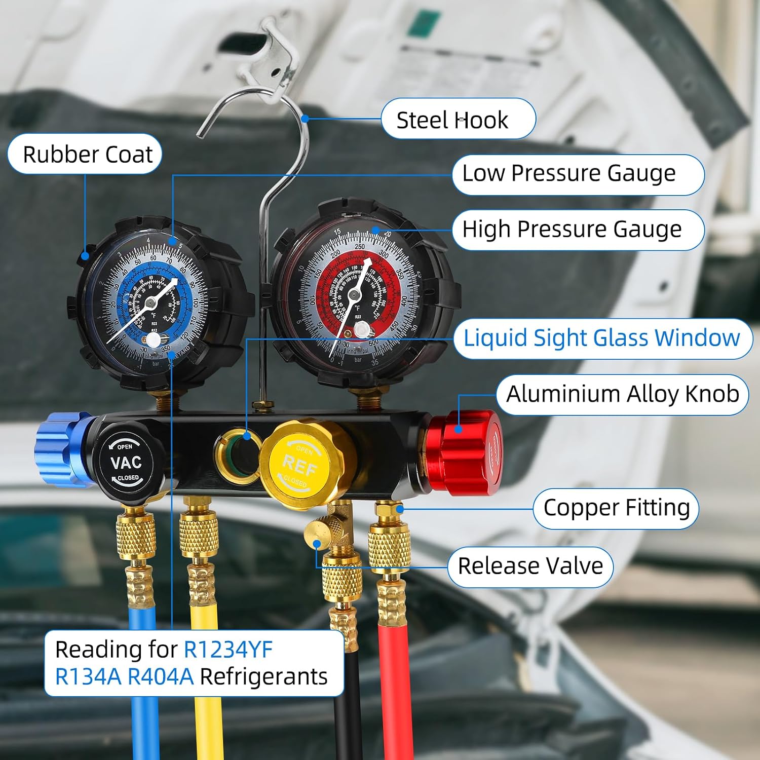 AC R1234yf R134a Gauge Set - Automotive 4 Valve Manifold Gauge Set AC Gauges Compatible with R1234yf R134a Refrigerants HVAC Gauges with Hoses for Car Freon Charging and Evacuation
