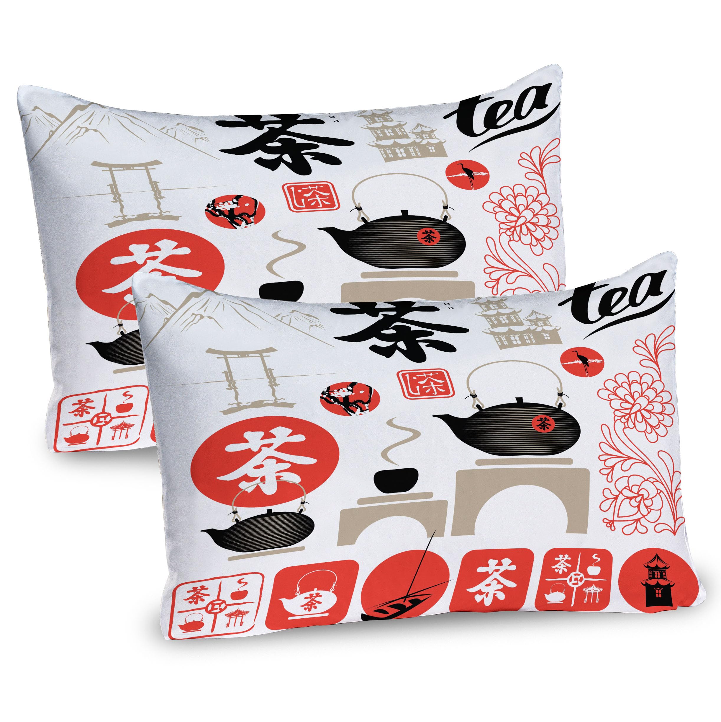 Ambesonne Tea Party Pillow Sham Set of 2, Japanese Design with Cultural Elements Flowers Hill Mountain Tea Pot, Quality Microfiber Bedding Item for All Seasons, 26