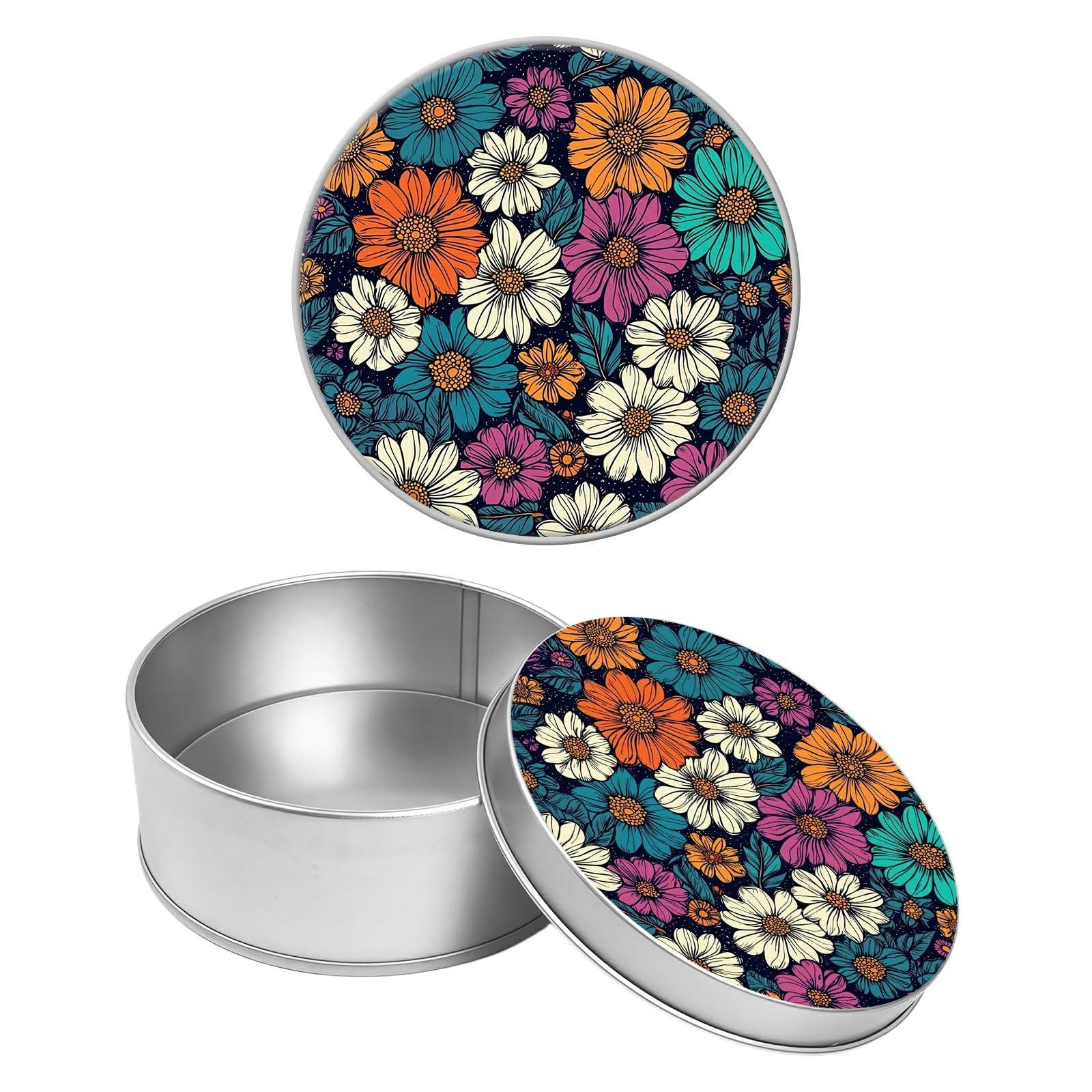 Round Metal Tin Container with Removable Lid, Color Daisy Durable Metal Storage Box for Crafts Snacks Candies Office Supplies Small Items 3.54 x 1.38 inch– Single Pack