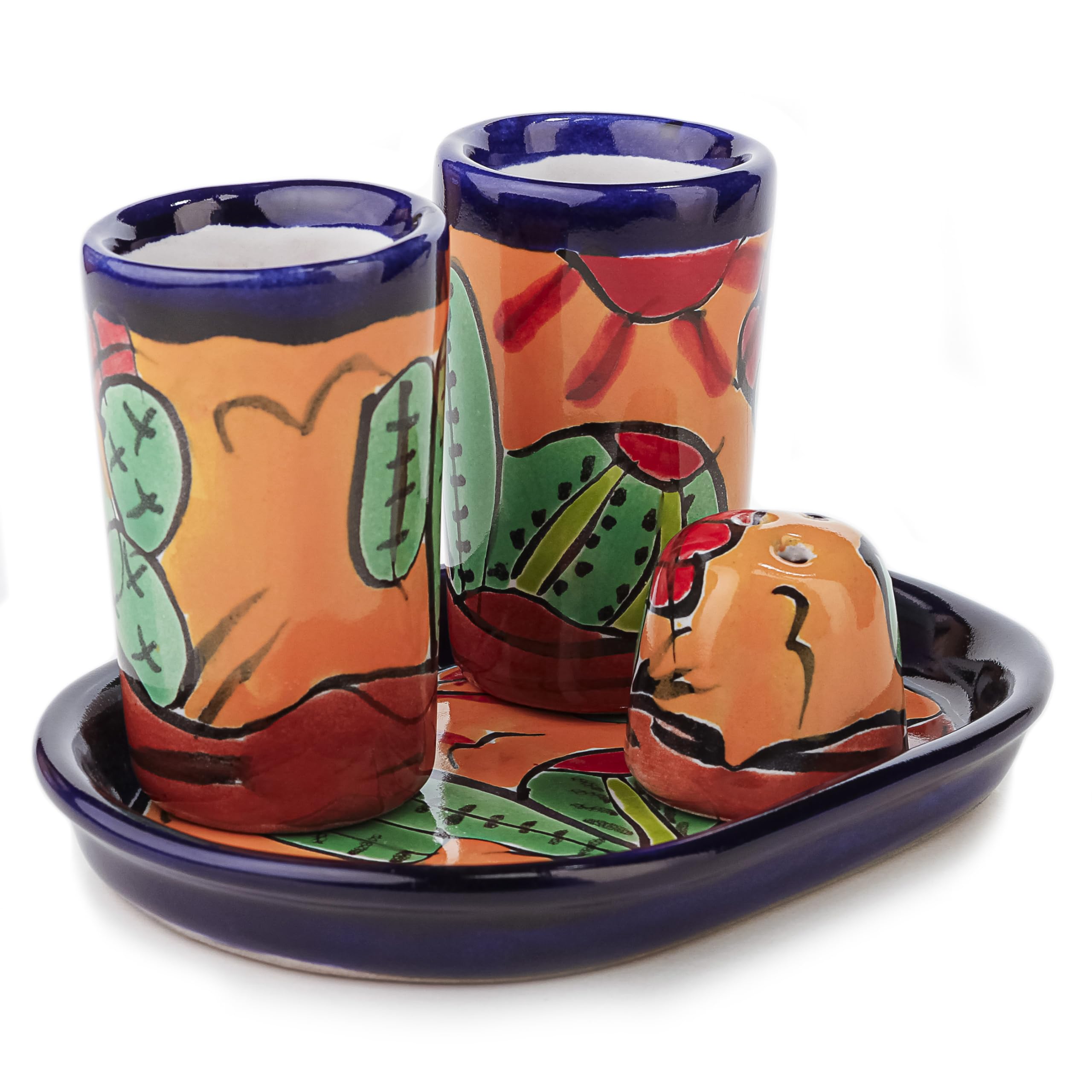 Authentic Mexican Talavera Tequila Shot Glasses, Salt Shaker with Tray - Set of 4 pieces - Artisanal colorful hand-painted - Vaso Tequilero Scotch (Cactus)