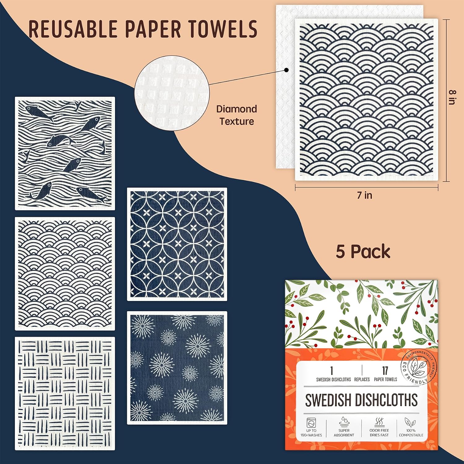 Swedish Dishcloths, 5 Pack Swedish Dishcloths for Kitchen, Super Absorbent, Biodegradable, Quick Drying, Dishwasher Safe image 2