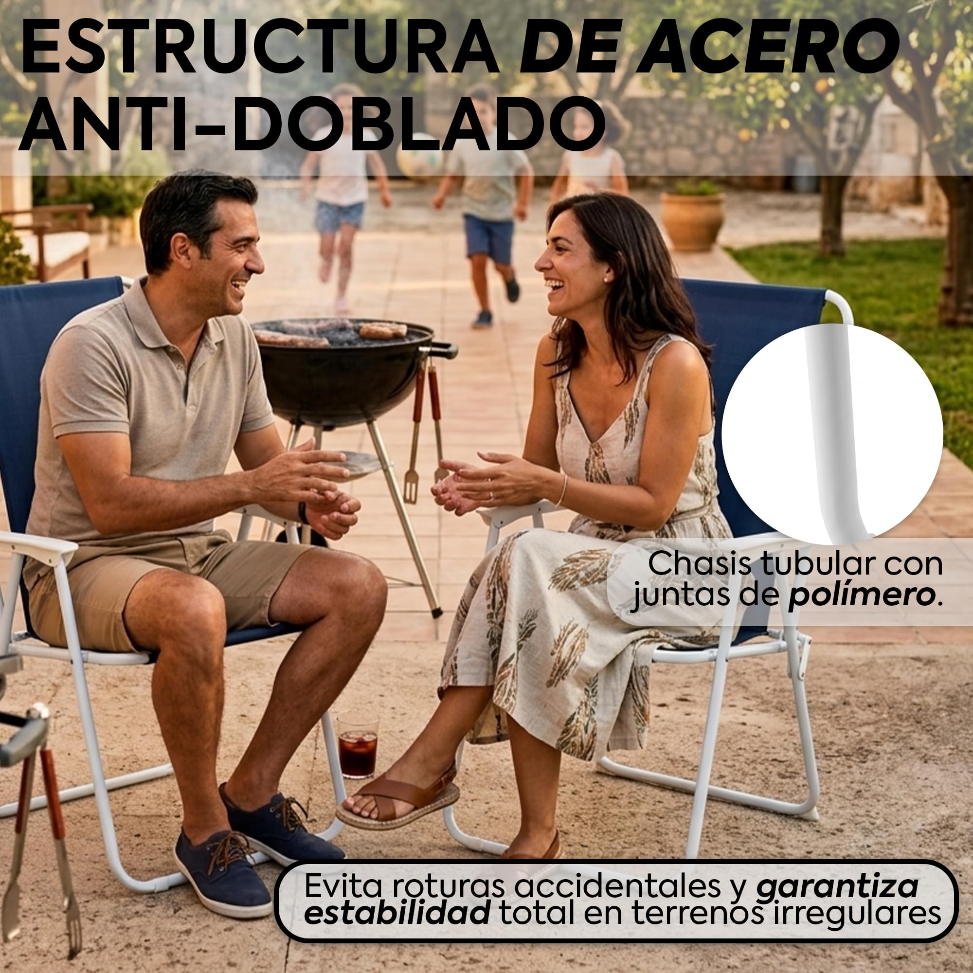 Nordiq - Silla para Playa y Camping - Pack de 2 - Plegables de Acero Reforzado Respaldo Alto Transpirable, Estructura Portátil para Pesca Playa y Jardín Peso Máximo Soportado 110 kg Azul/Blanco