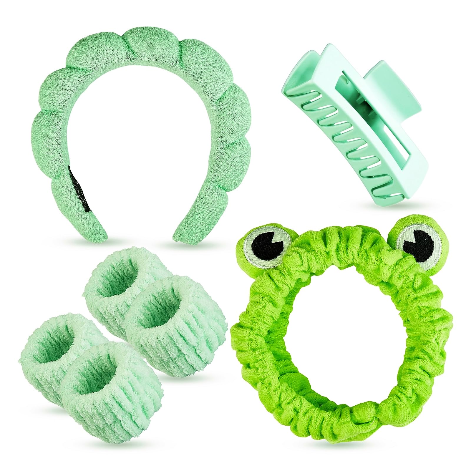 Yaqulen 7 Pcs Spa Set, Facial Spa Headband and Wristband Set, Skincare Headband, College Style Girl Gift, Hair Accessories for Women and Girls (Green)