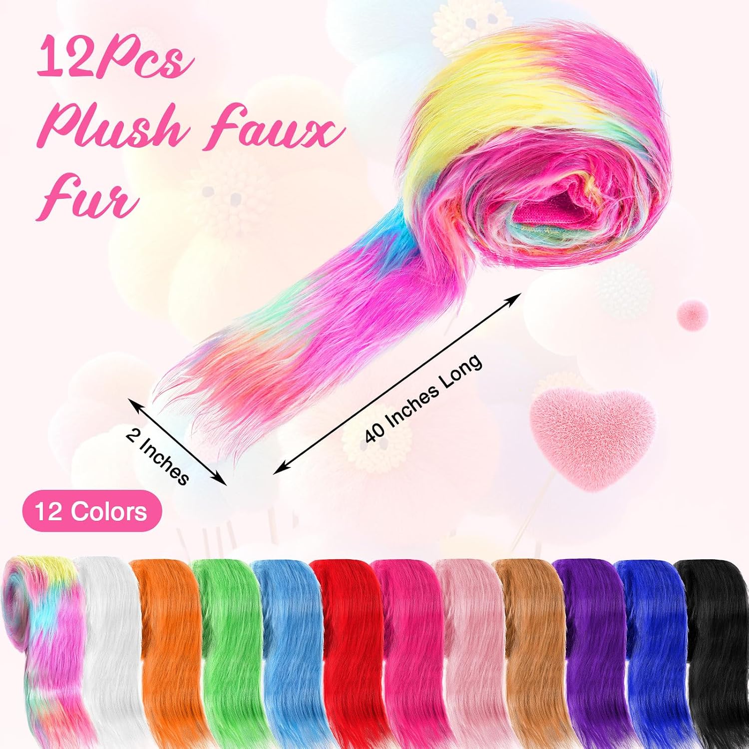 XunYee 12 Pcs Shaggy Plush Faux Fur Fabric Craft Fur Precut Strips Fake Ribbon for Therian Mask DIY Projects Cosplay Costume Gnomes Beard Santa Claus Hair Dwarf, 12 Colors(2 x 40 Inch,Classic Color)
