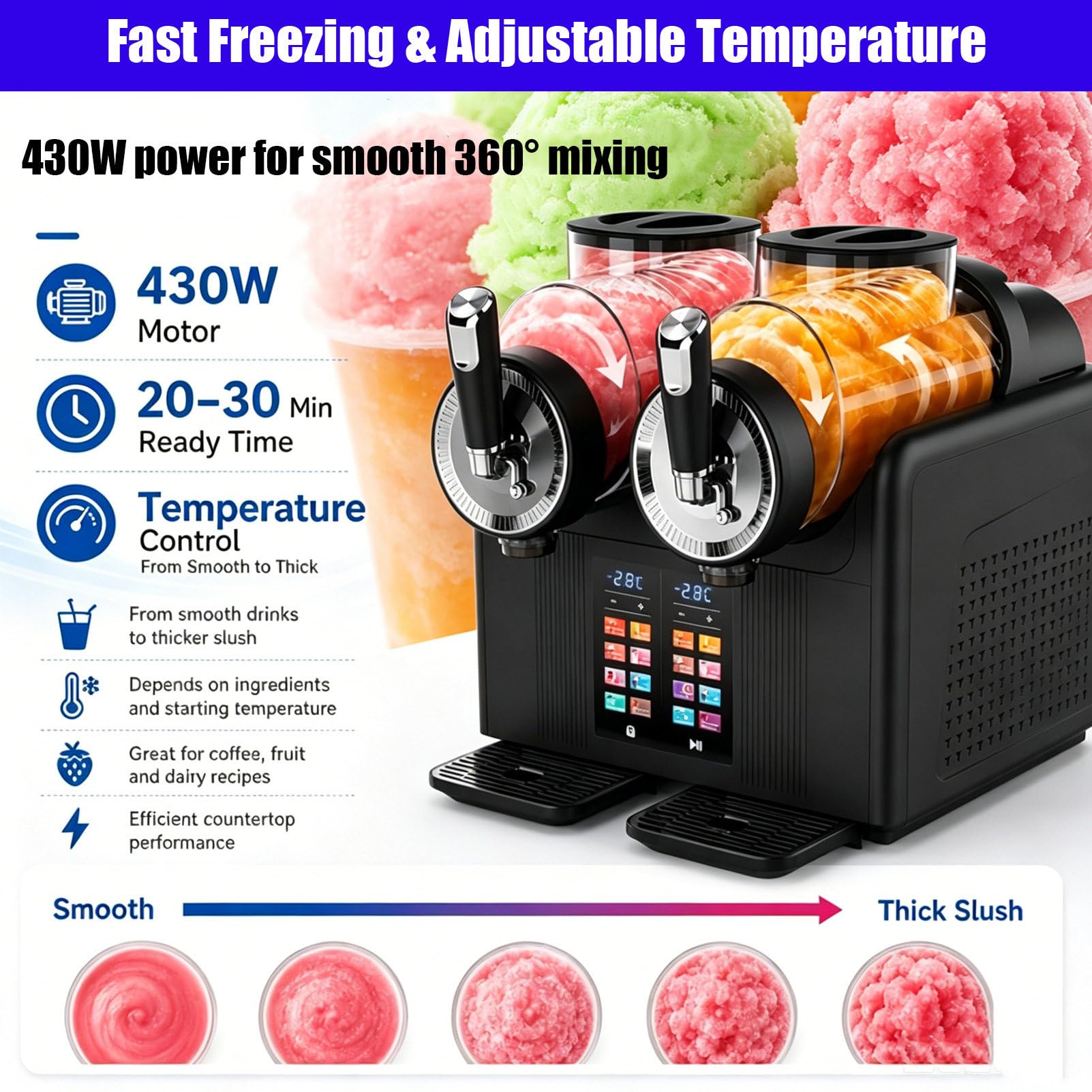 MáQuina Comercial De Granizados De 2 DepóSitos, Dispensador De Granizados De Pie con Led, con 7 Programas Preestablecidos Y Pantalla Led, Funcionamiento con Un Solo BotóN Black
