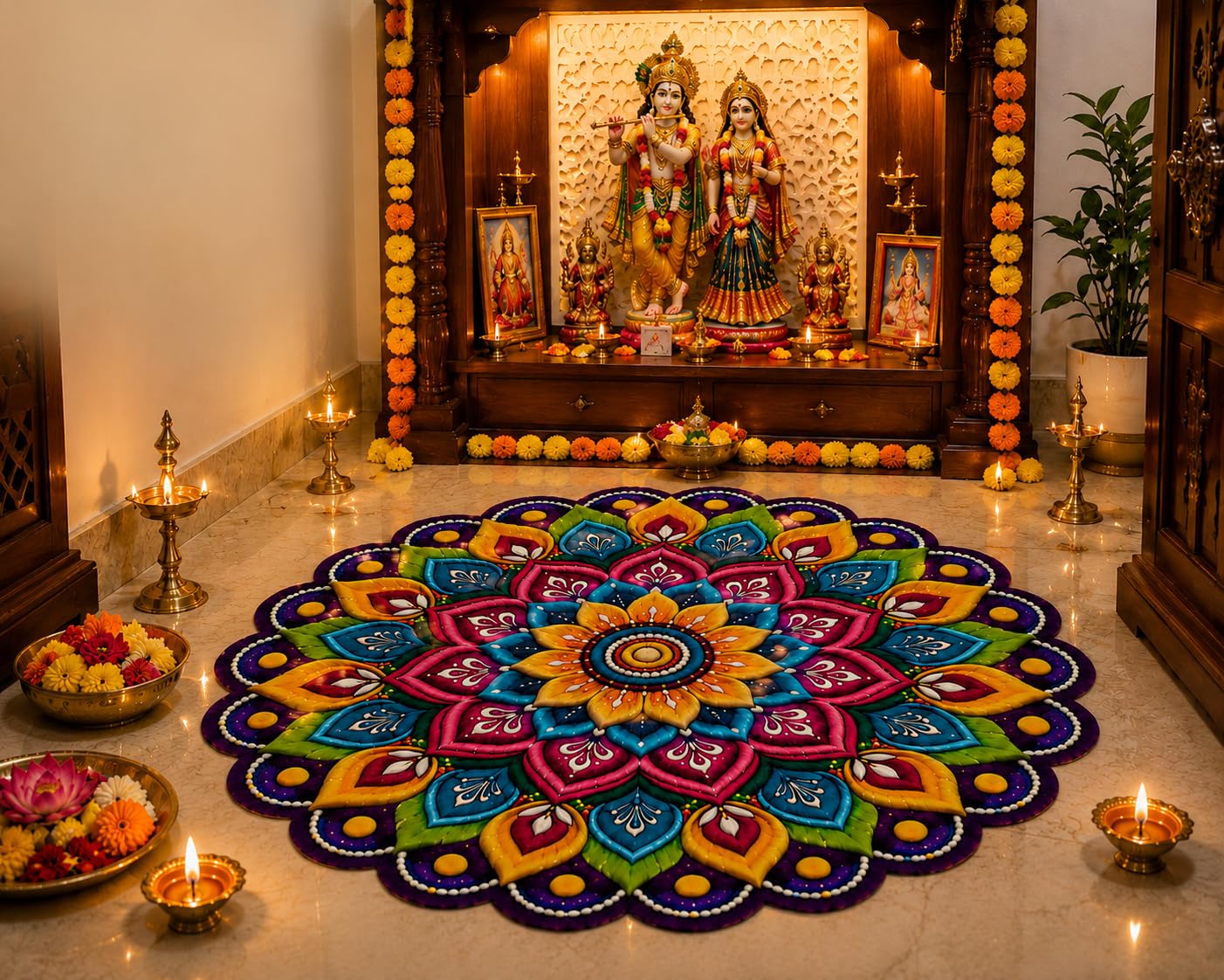 3D Rangoli | Mandala Art | Floral Door Mat | Water Absorbent, Anti-Skid, Machine Washable Floor Mat | Soft Microfiber Carpet for Home, Living Room & Bedroom | Premium Mat (Mandala Art, Round)-image-3