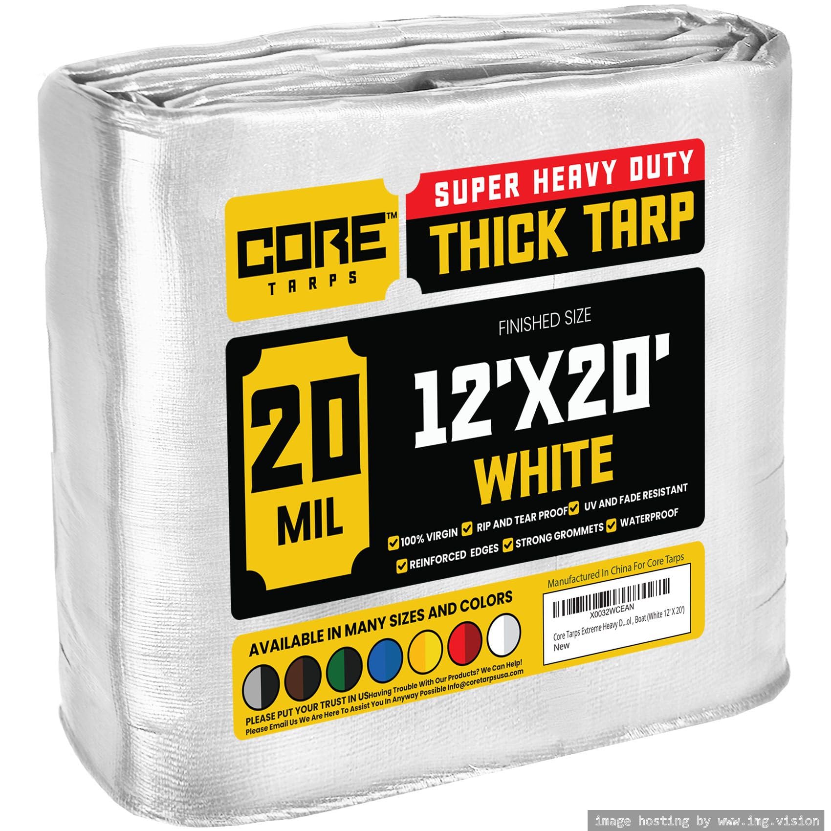 Core Tarps Extreme Heavy Duty 20 Mil Tarp Cover, Waterproof, UV Resistant, Rip and Tear Proof, Poly Tarpaulin with Reinforced Edges for Roof, Camping, Patio, Pool, Boat (White 12′ X 20′)