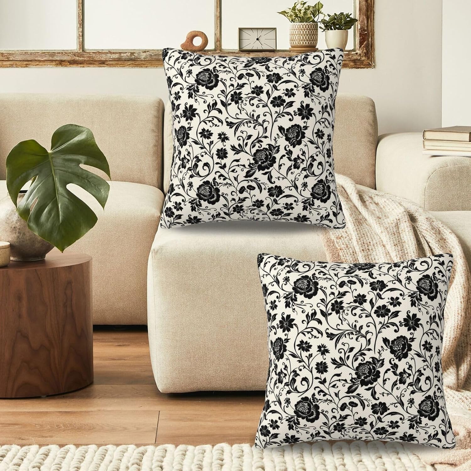 KiuLoam Vintage Black Floral Pillow Covers 18x18 Set of 2 Rustic Flower Block Print Throw Pillows Outdoor Decorative Pillowcases Farmhouse Cushion Covers for Home Couch Sofa Bed Decor - Image 4