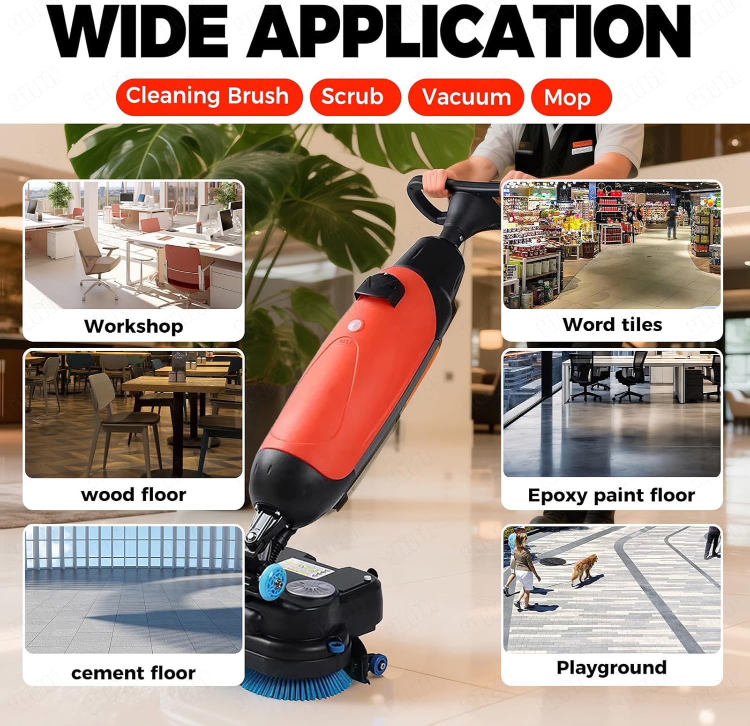 Commercial Floor Scrubber Machine , Push Portable Electric Washer & Dryer with 17 Inch Cleaning Width 13000 Sqft/H Efficiency for Tile Hardwood & Carpet in Offices Hotels(Red-standard)