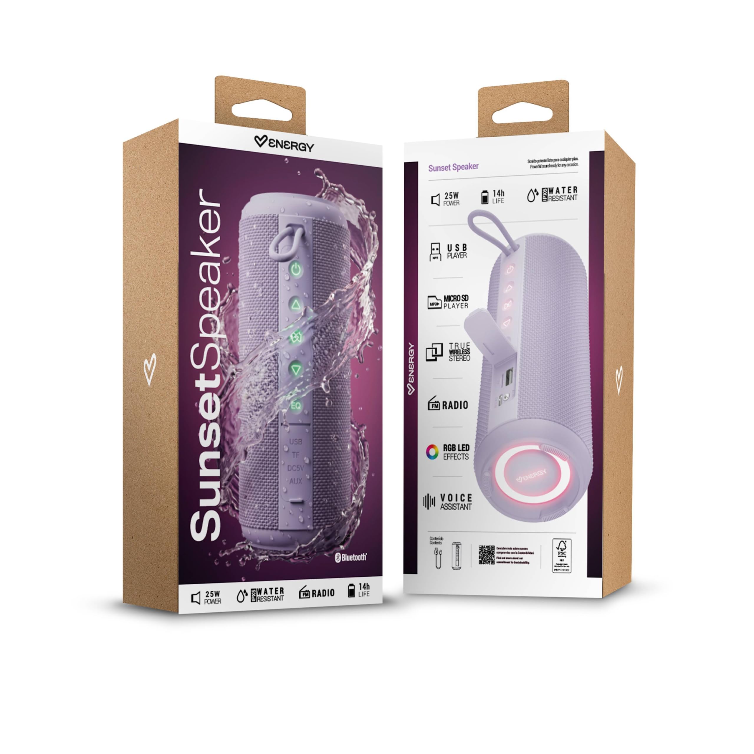 Energy Sistem Sunset - Altoparlante Bluetooth 5.4, 25 W, luci RGB e connessione TWS, impermeabile IPX6, batteria di lunga durata, ingresso USB, Micro SD e AUX, vivavoce e assistente vocale