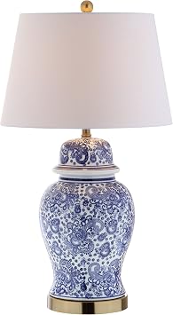 JONATHAN Y Ellis Chinoiserie Ginger Jar Table Lamp 29.5", Blue/White | Traditional Ceramic Body, Linen Empire Shade, Brass Gold Metal Base, Bedside Nightstand Light, LED Bulb Included