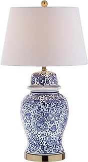 JONATHAN Y 29.5" Blue/White Ceramic Table Lamp for Living Room and Office, White Linen Drum Shade, Traditional Chinoiserie Ginger Jar Lamp, LED Bulb Included JYL3008A
