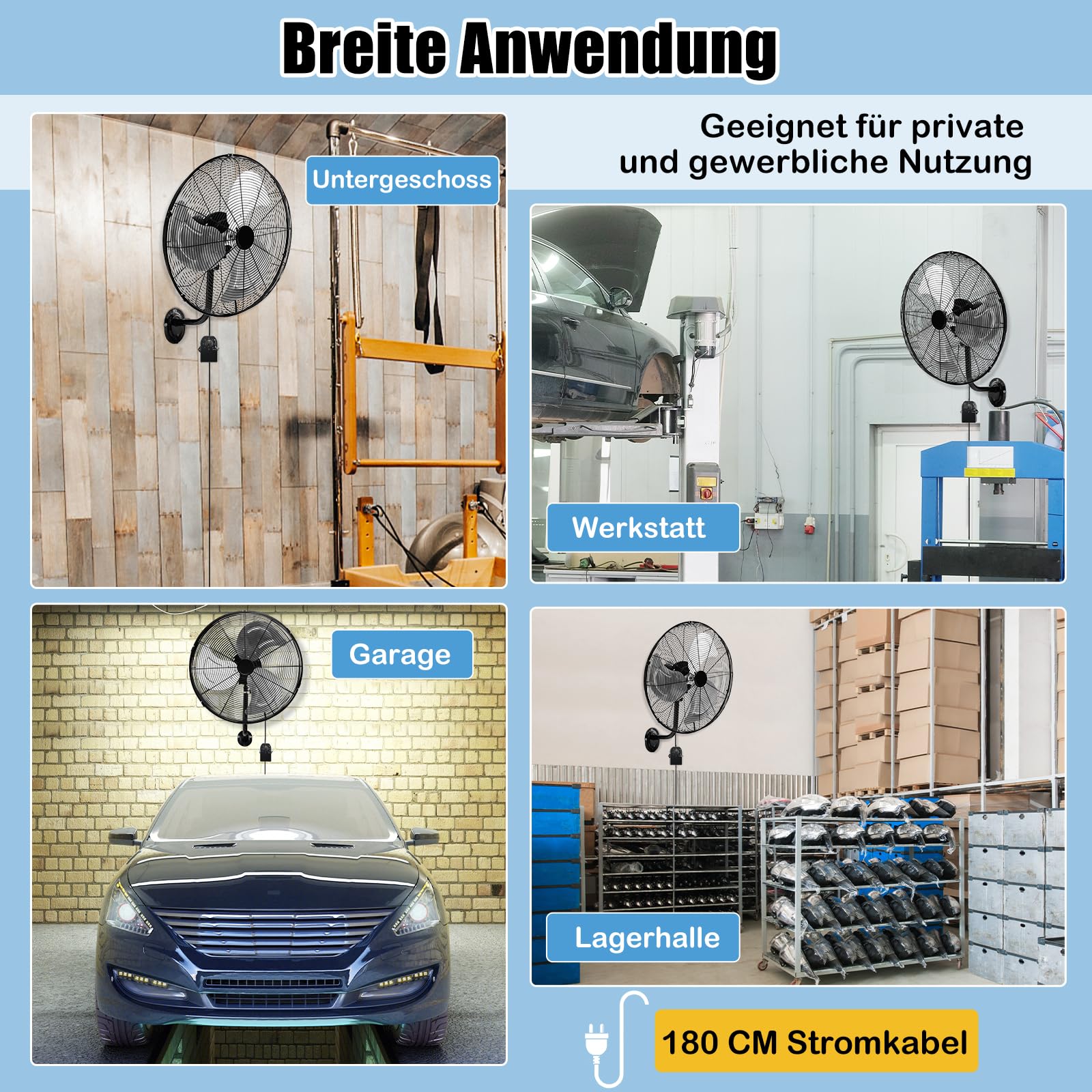 RELAX4LIFE Wandventilator 120W 3 Aluminiumflügel 85° Oszillation 30° Neigung Geräuschpegel ≤60dB Schwarz