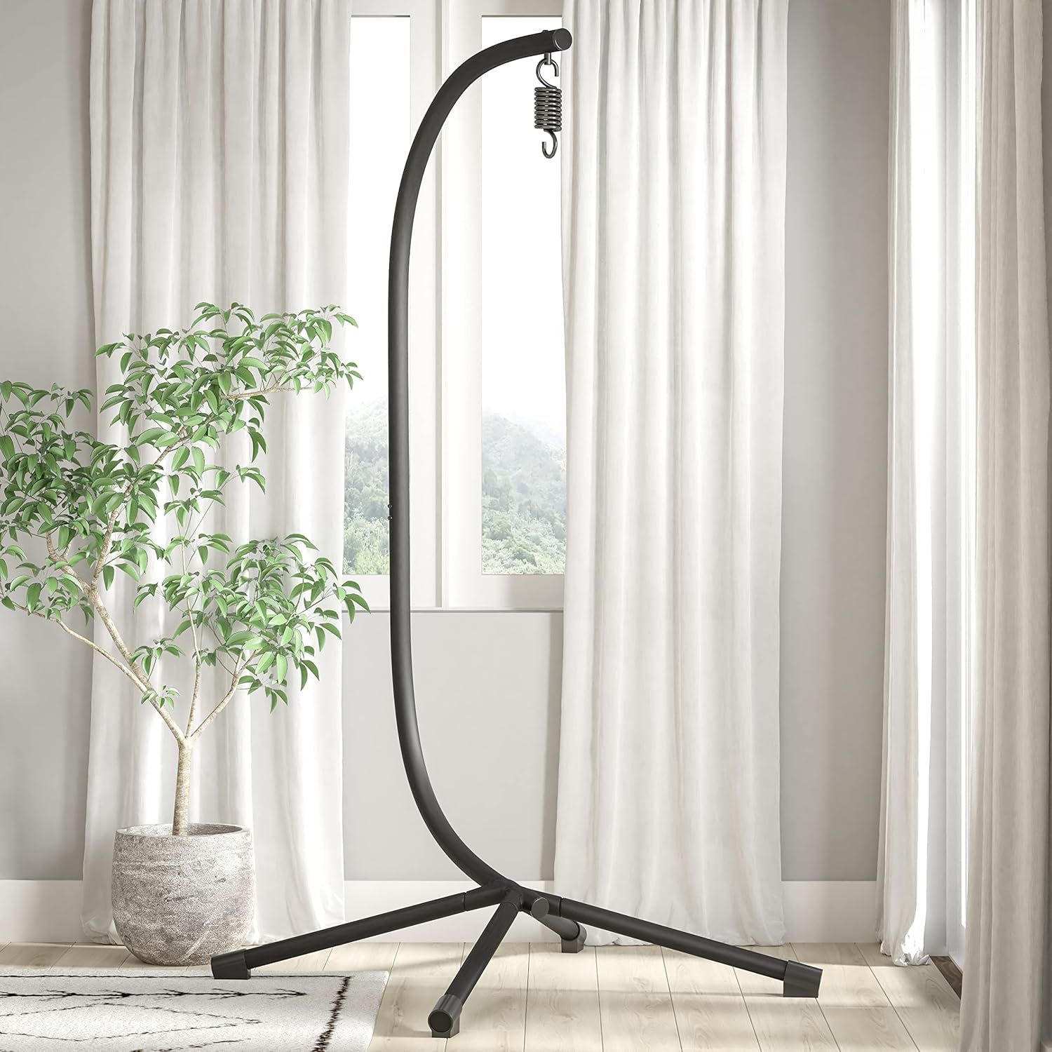 Flash Furniture Harvo Commercial All-Weather Hanging Hammock Chair C-Stand - Black Heavy Duty Steel Offset Base - Included Hardware - 360 Degree Rotation