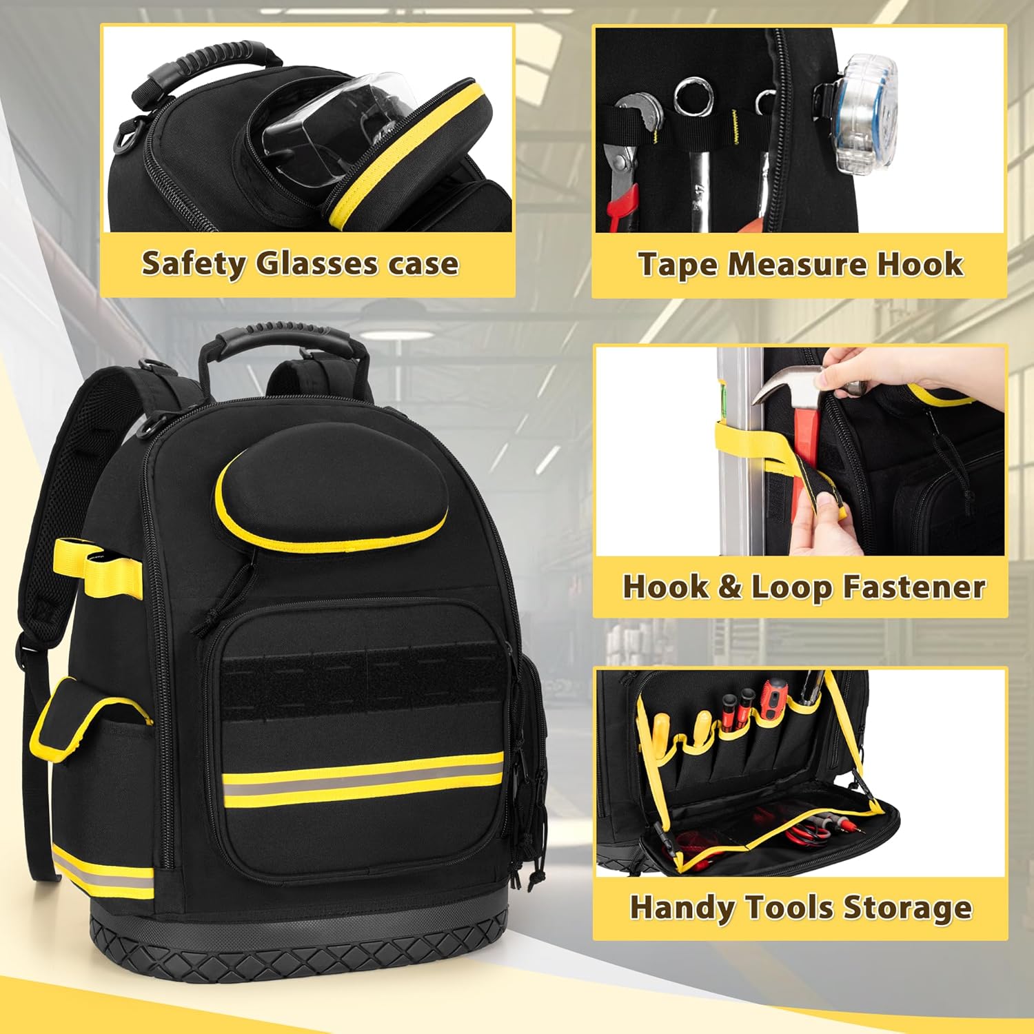 Tool Backpack with Hard Bottom and 3 Pouches, Heavy Duty Tool Organizer Bag for Men Electrician, Construction, Black