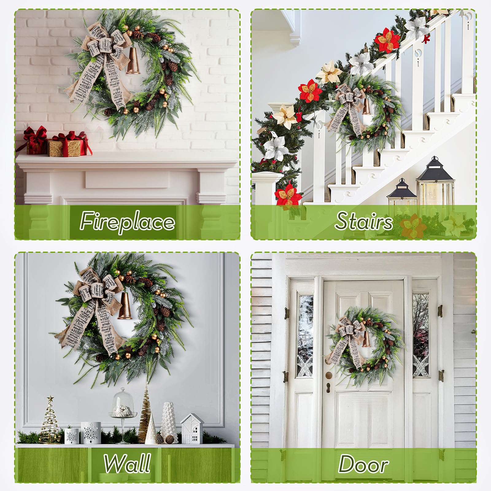 Corona para puerta de Navidad, 45 cm, decoración navideña para puerta de casa con campanas, corona de Navidad artificial, decoración para interior y exterior