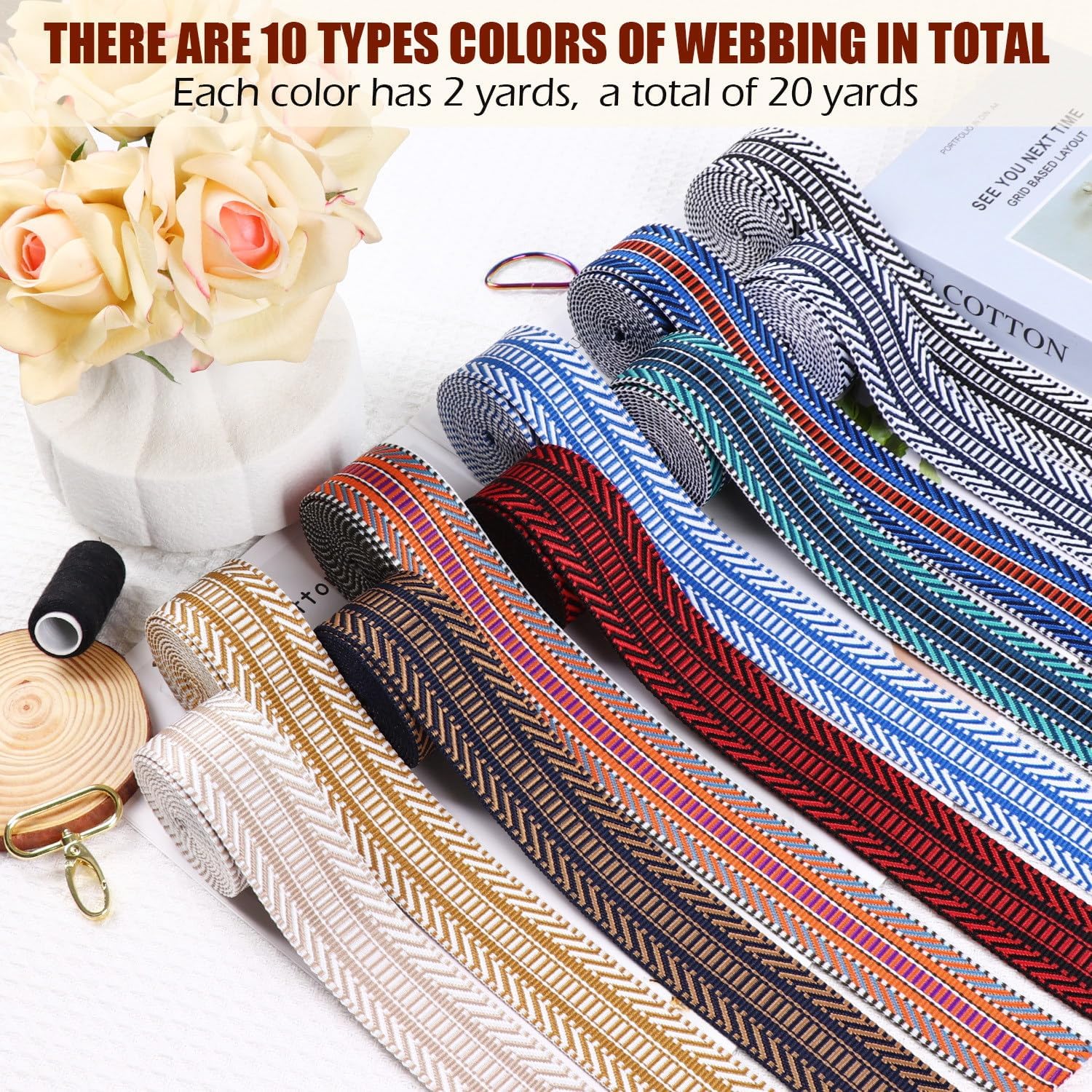 Webbing 1.5 Inch Jacquard Polyester Cotton Webbing 10 Rolls- 1 1/2 inch Nylon Webbing for Bag Straps-1.5" Strapping for Sewing Belt Backpacks Purse Straps-20 Yards