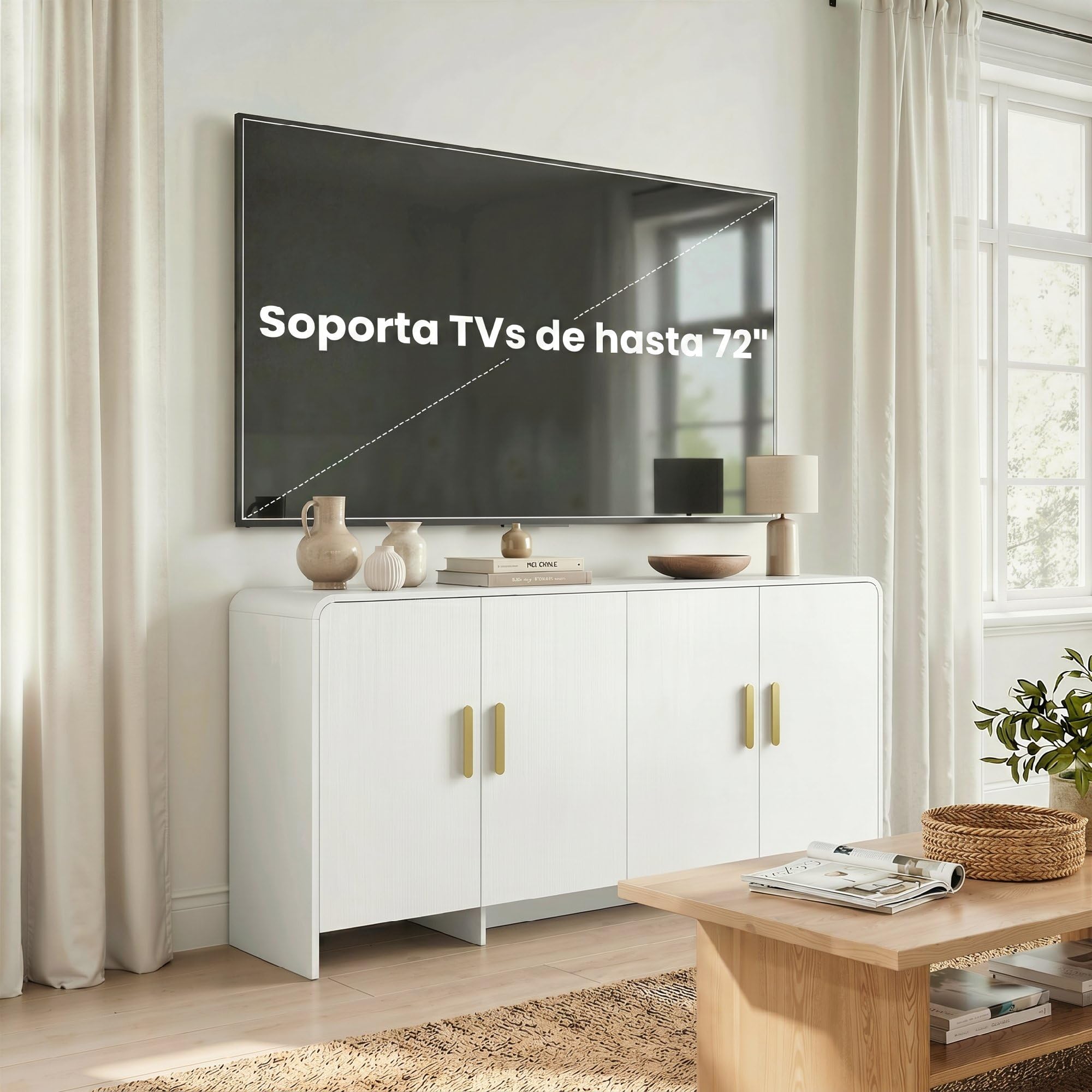 HOMCOM Aparador de Cocina, Armario de Cocina con 4 Estantes, 4 Puertas de Cierre Suave, Bordes Redondeados, Aparador para Comedor, Mueble para TV de 72 Pulgadas, 152x40x80 cm, Blanco