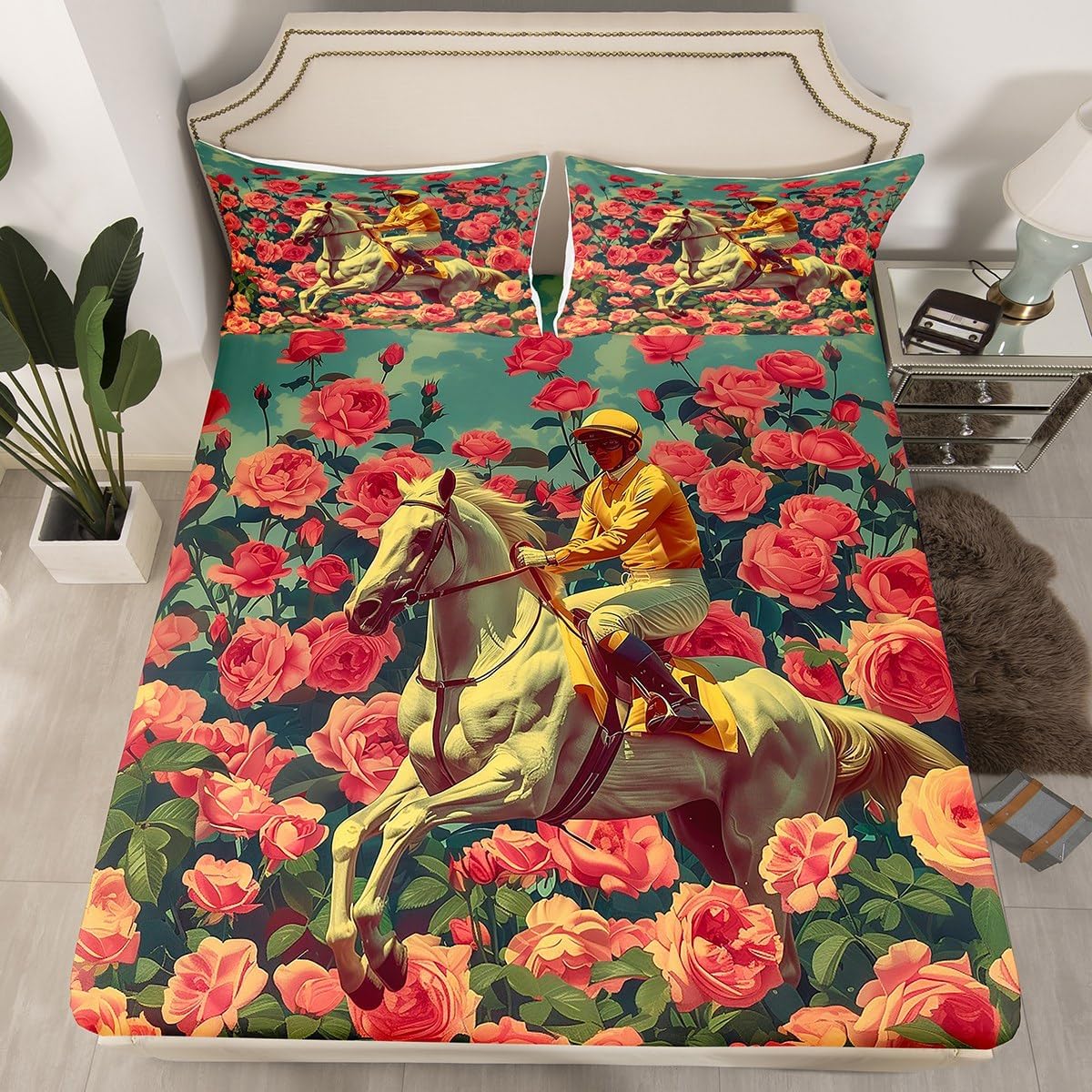 Running Horse Fitted Sheet Full Size Retro Western Farmhouse Bedding Set for Kids Boys Girls Teens Wildlife Animal Bed Sheet Set Oil Painting Style Bed Cover Room Decor,No Top Sheet