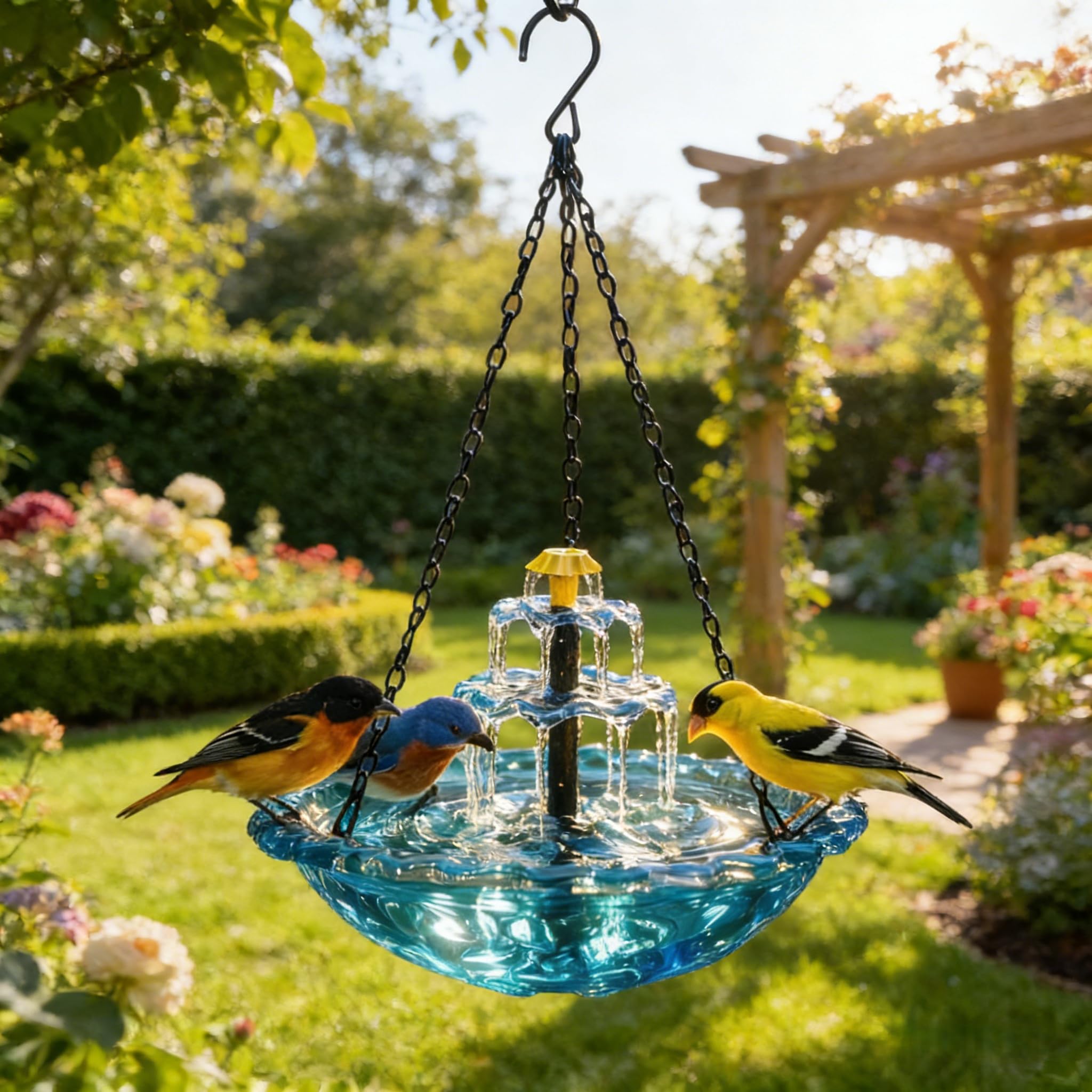 Solar Cascade Hanging Bird Bath Fountain - 9 Water Outlets for Soothing Stream Sound - Solar Powered Birdbath with 12" Large Bowl for Outdoor Garden Yard Decor & Hummingbird Attraction (Blue)